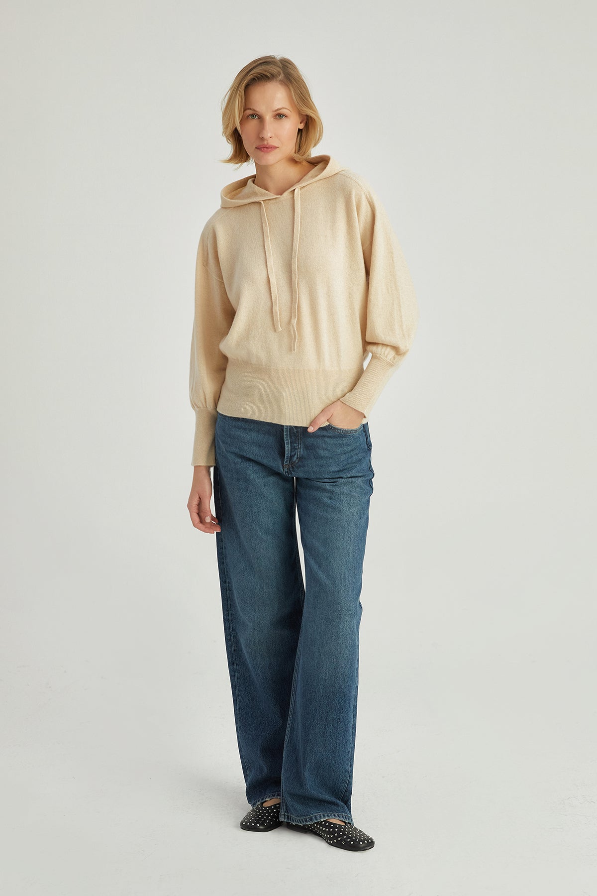 Kum Beji Agata Saf Kaşmir Kapüşonlu Kazak