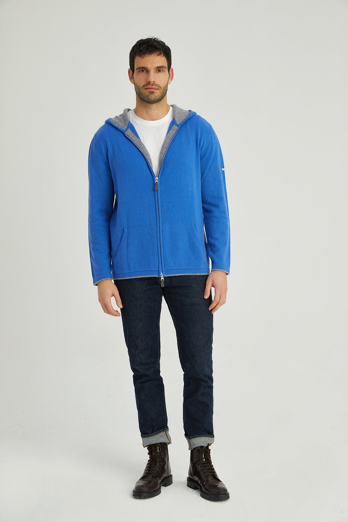 Mavi Scott Saf Kaşmir Kapüşonlu Hırka