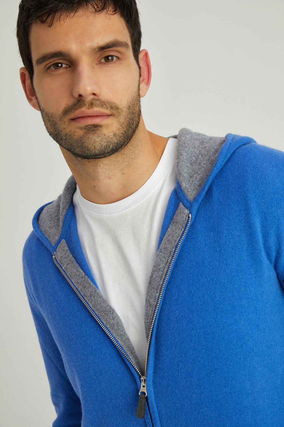 Mavi Scott Saf Kaşmir Kapüşonlu Hırka