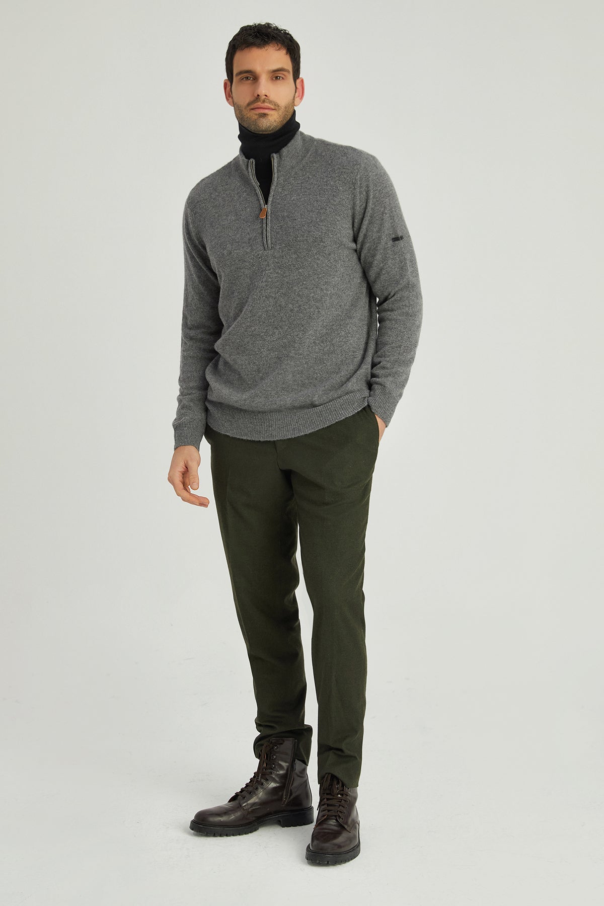 Orta Gri Melanj Saf Kaşmir Yüksek Yaka Fermuarlı Erkek Kazak