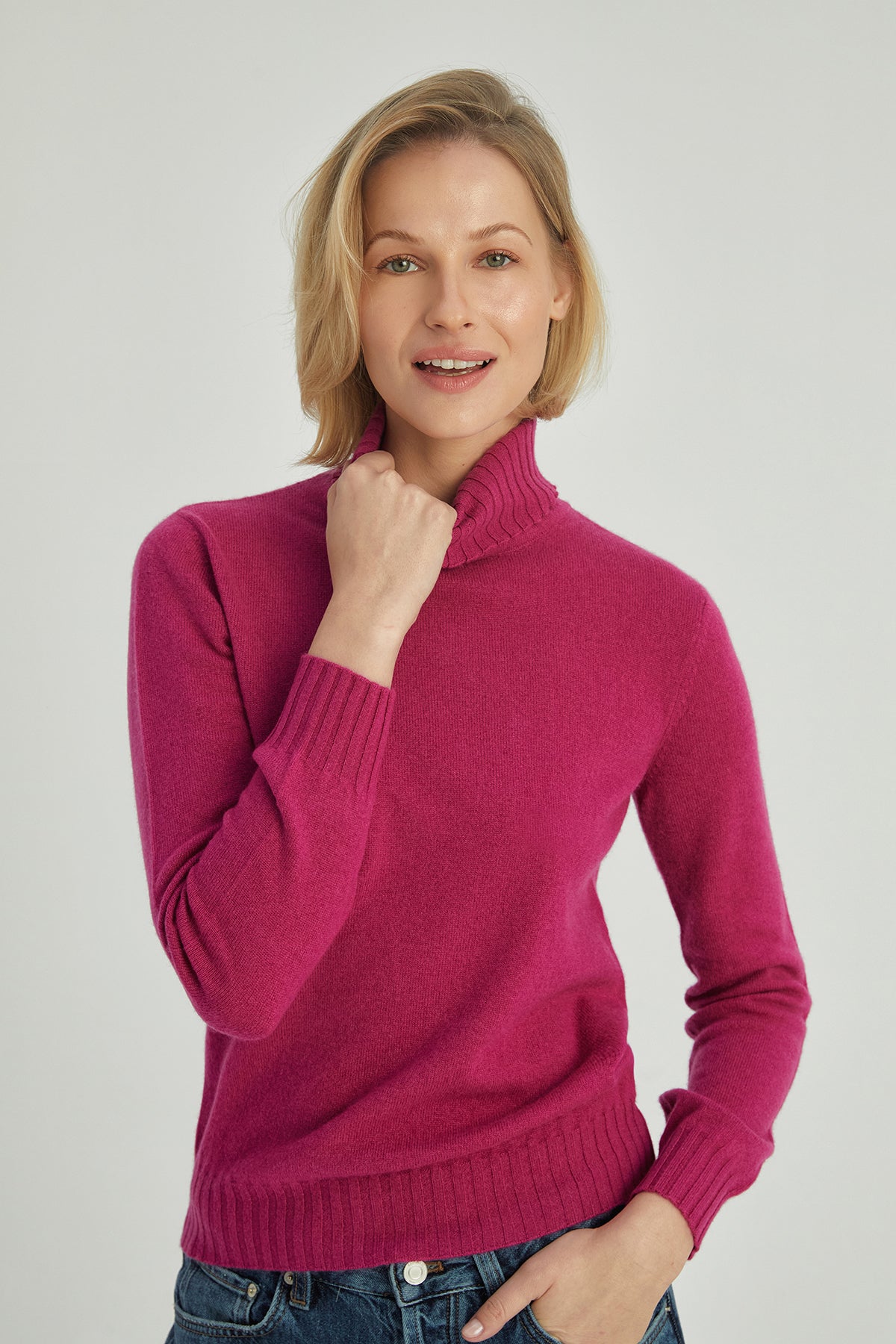 Koyu Pembe Lilly Saf Kaşmir Balıkçı Yaka Kazak