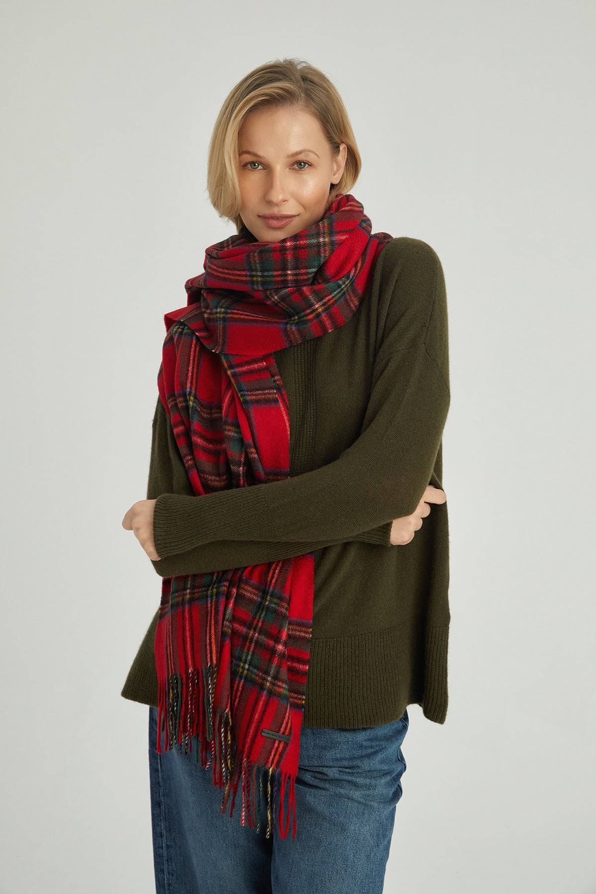 Kırmızı Rose Kaşmir Kareli Şal 79cm x194cm+9cm x 2cm