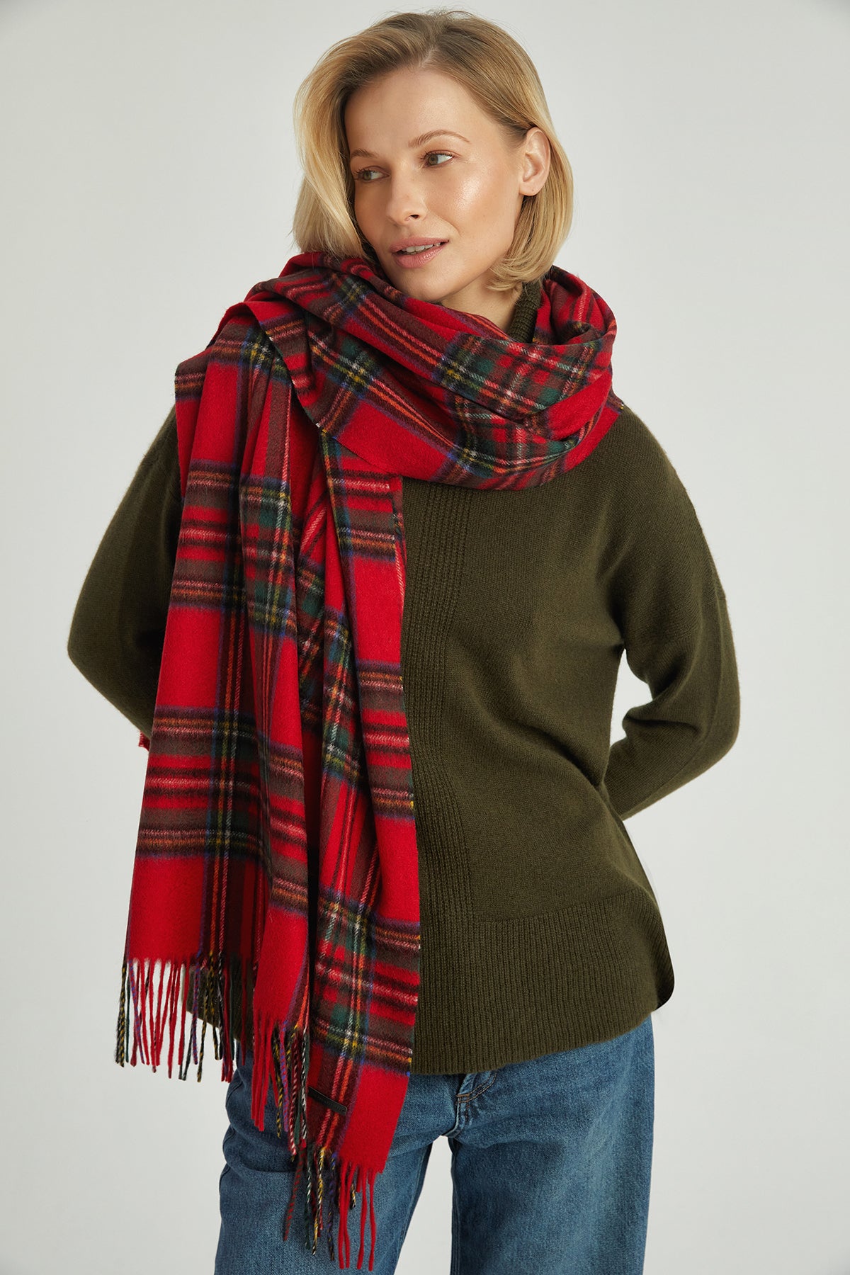 Kırmızı Rose Kaşmir Kareli Şal 79cm x194cm+9cm x 2cm