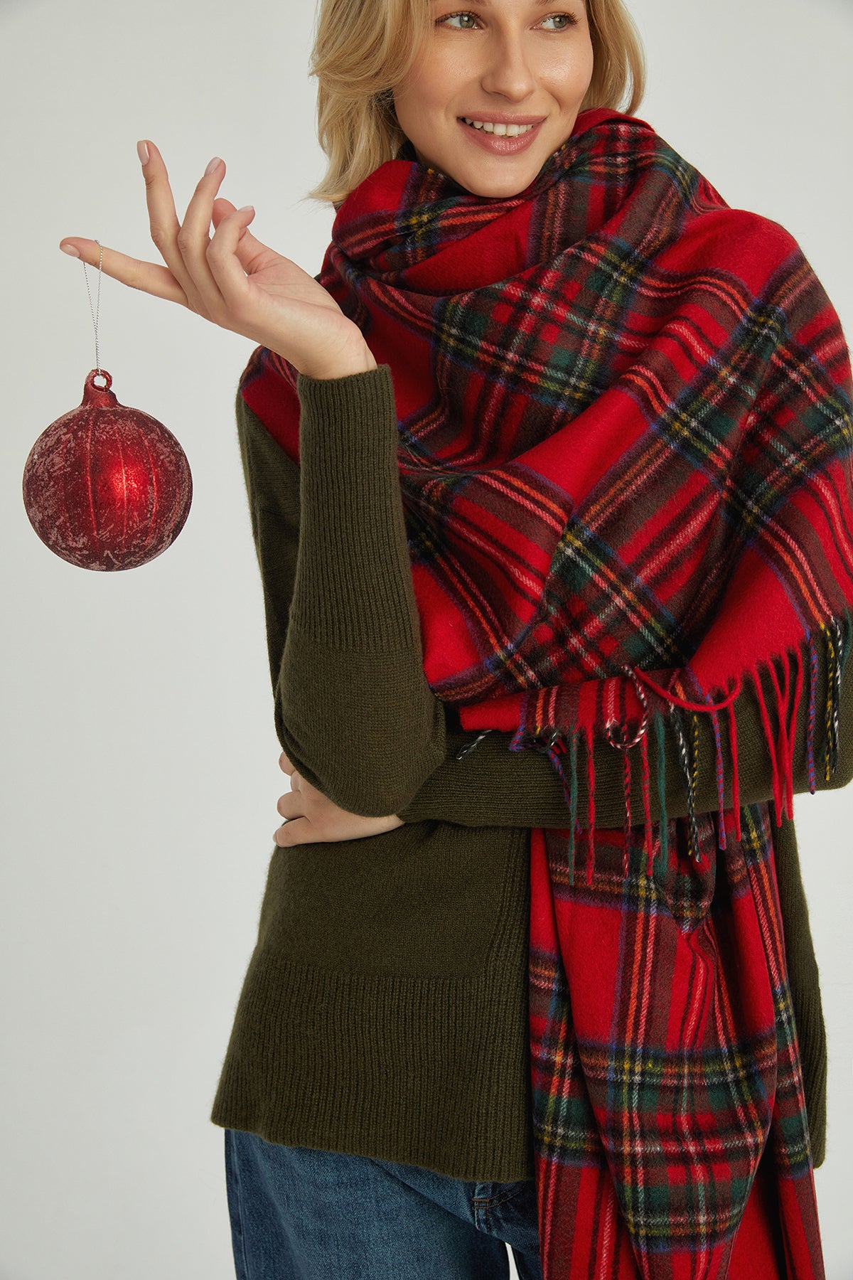 Kırmızı Rose Kaşmir Kareli Şal 79cm x194cm+9cm x 2cm