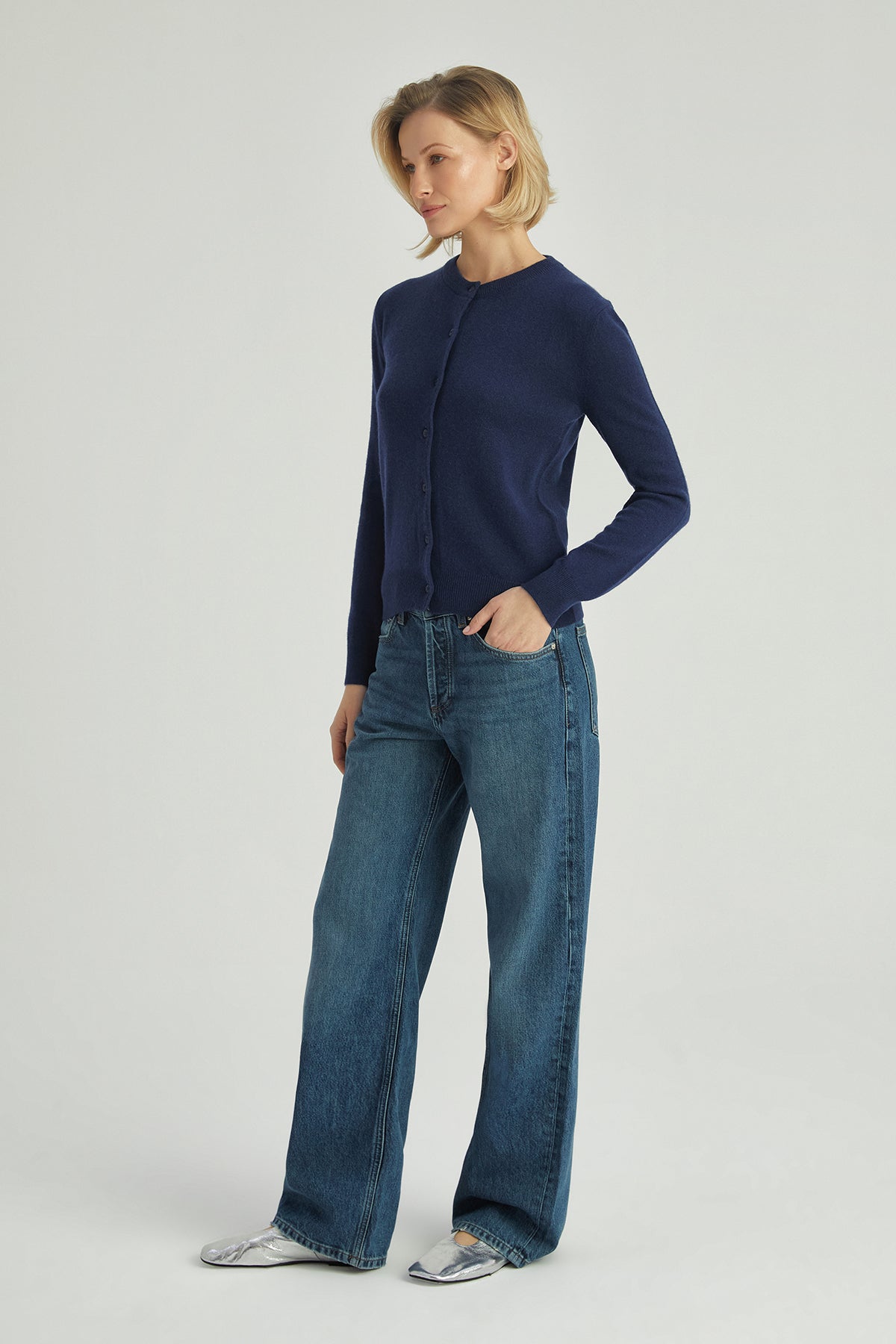 Lacivert Lilly Saf Kaşmir Bisiklet Yaka Hırkaa