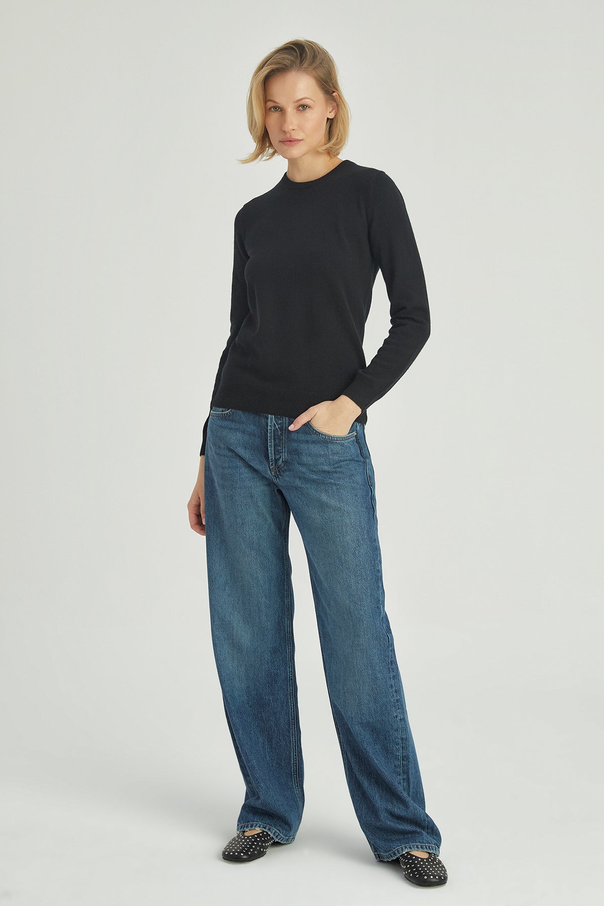 Siyah Franca Saf Kaşmir Bisiklet Yaka Kazak