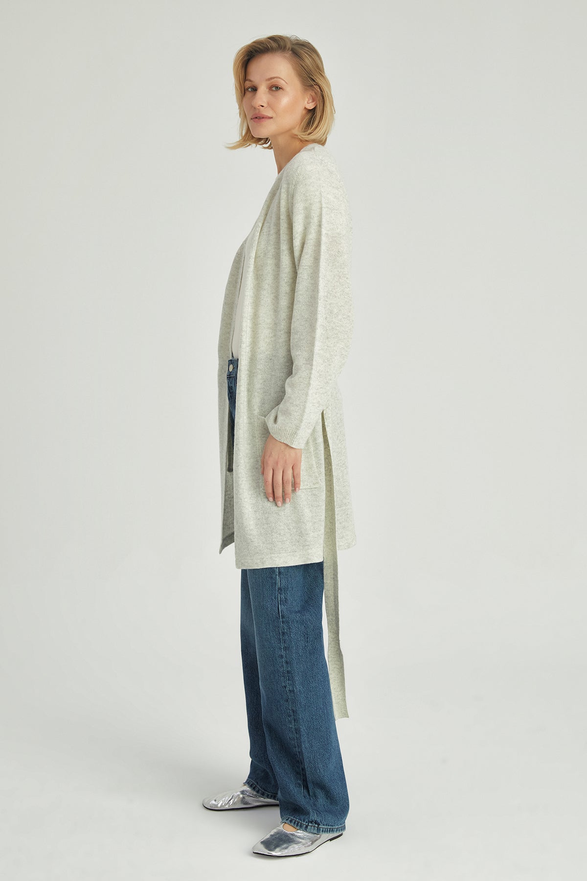 Açık Gri Lilly Saf Kaşmir Uzun Hırka