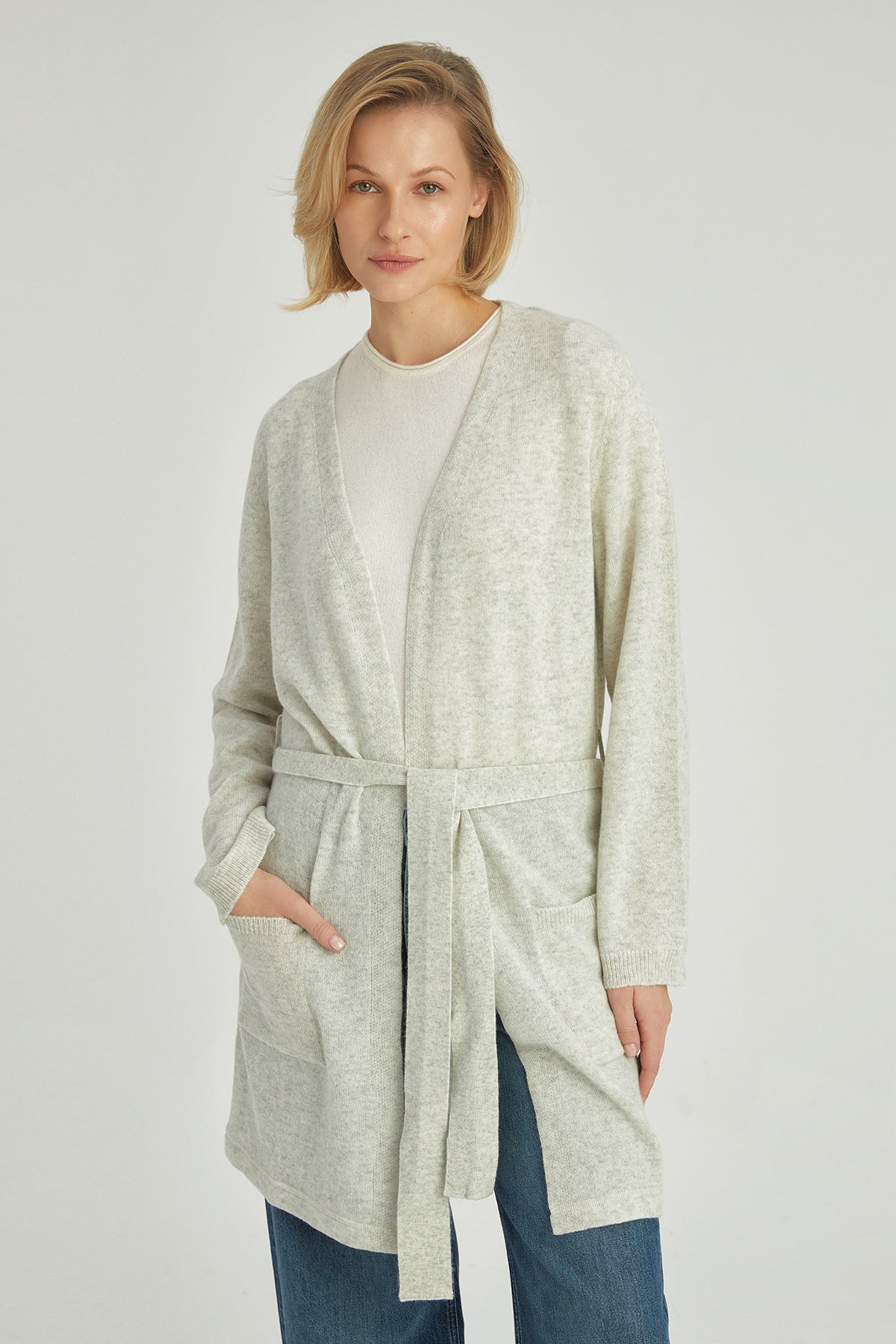 Açık Gri Lilly Saf Kaşmir Uzun Hırka