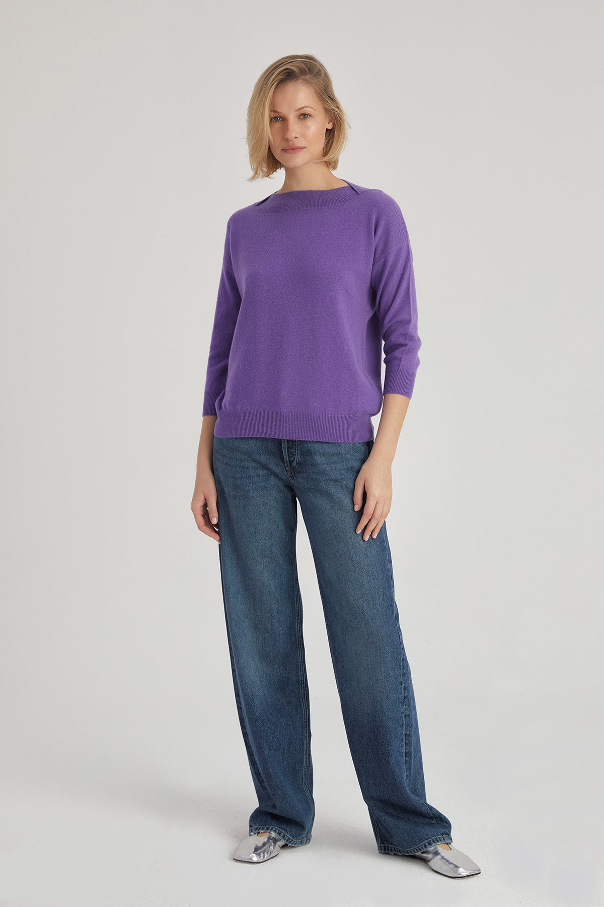 Mor Isabella Saf Kaşmir Kayık Yaka Kazak