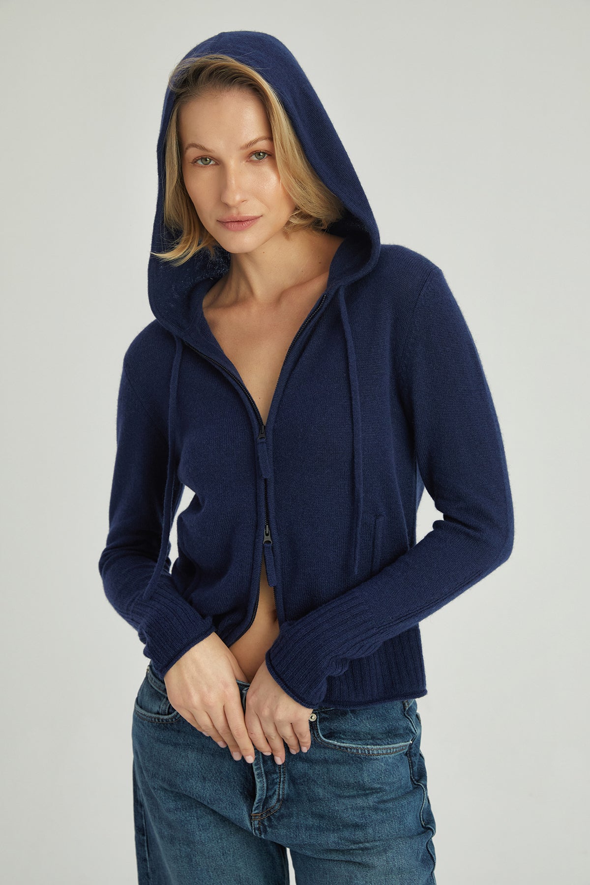 Lacivert Isabella Saf Kaşmir Kapüşonlu Hırka