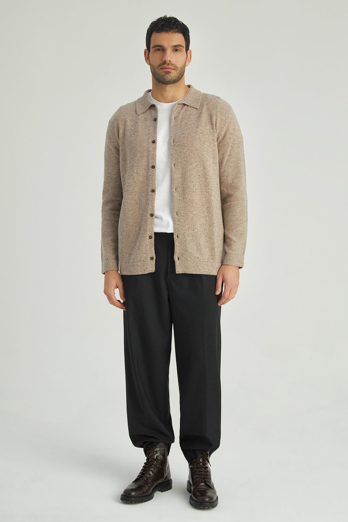 Vizon Saf Kaşmir Yaka Uzun Kollu Erkek Örgü Gömlek