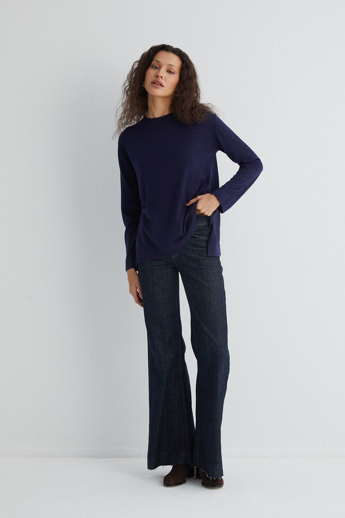 Lacivert Zoe İpek Kaşmir Yuvarlak Yaka Tunik Triko