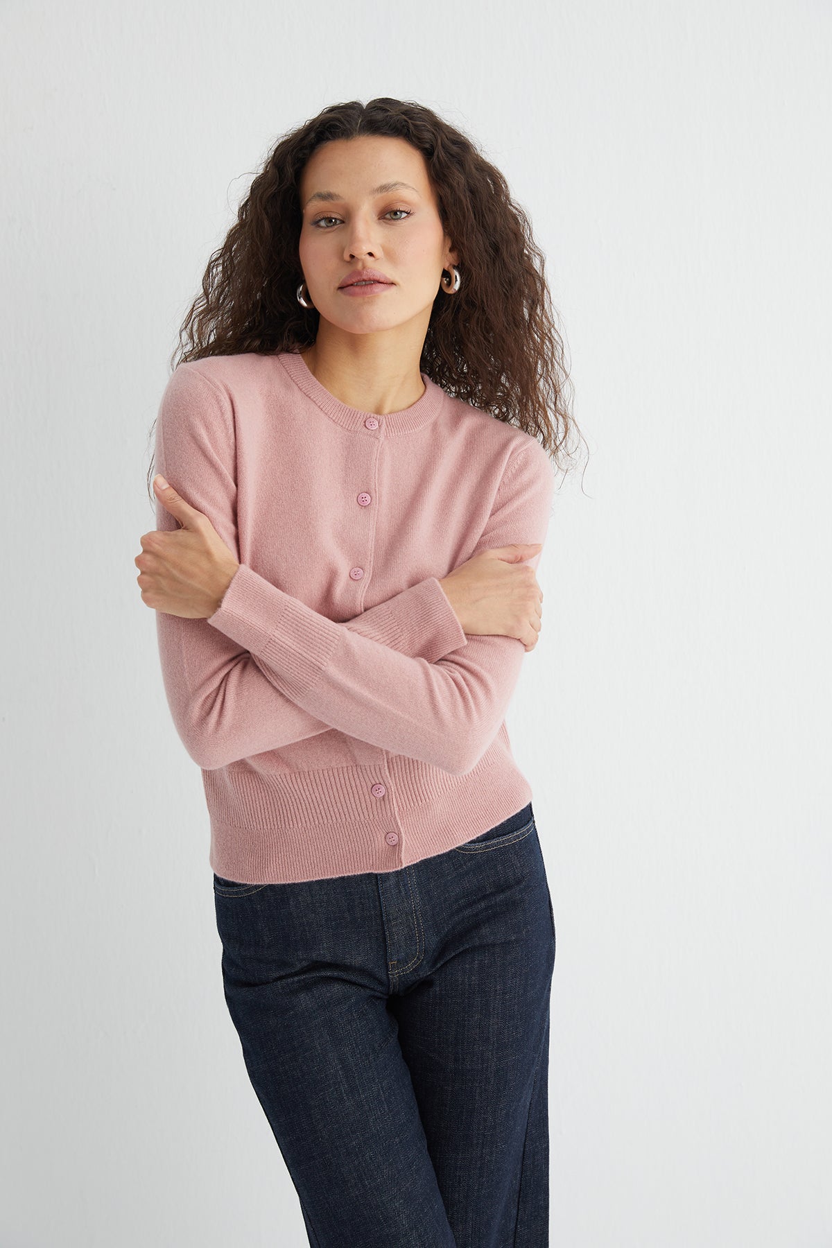 Pastel Pembe Lilly Saf Kaşmir Bisiklet Yaka Hırka