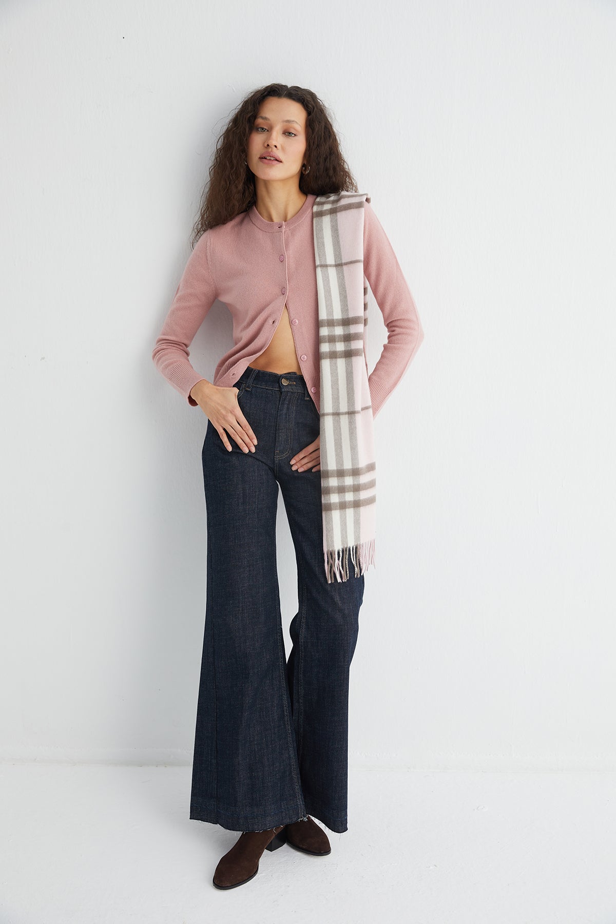 Pembe Patrick Saf Kaşmir Kareli Atkı 30x164