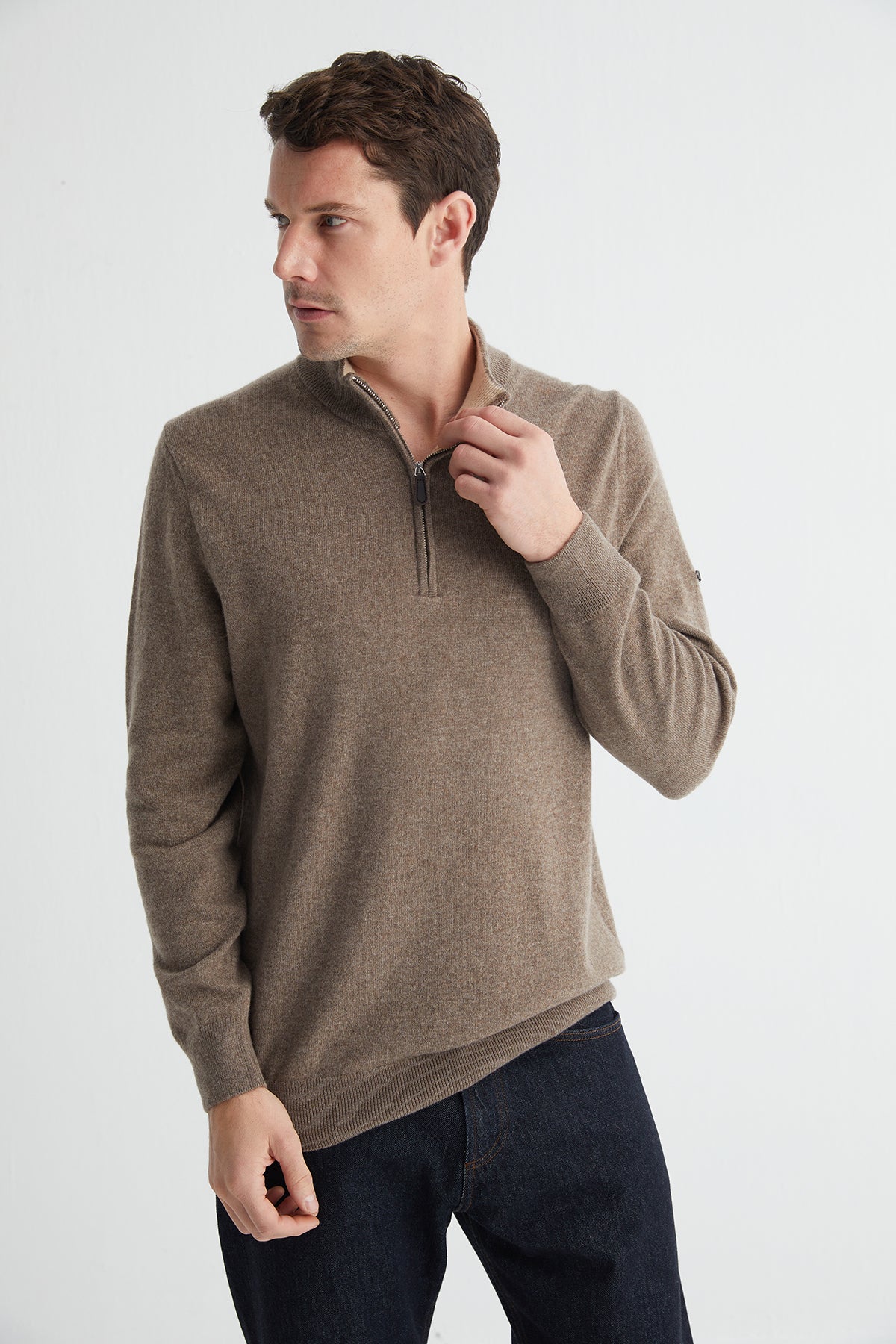 Vizon Saf Kaşmir Yarım Balıkçı Yaka Fermuarlı Kazak