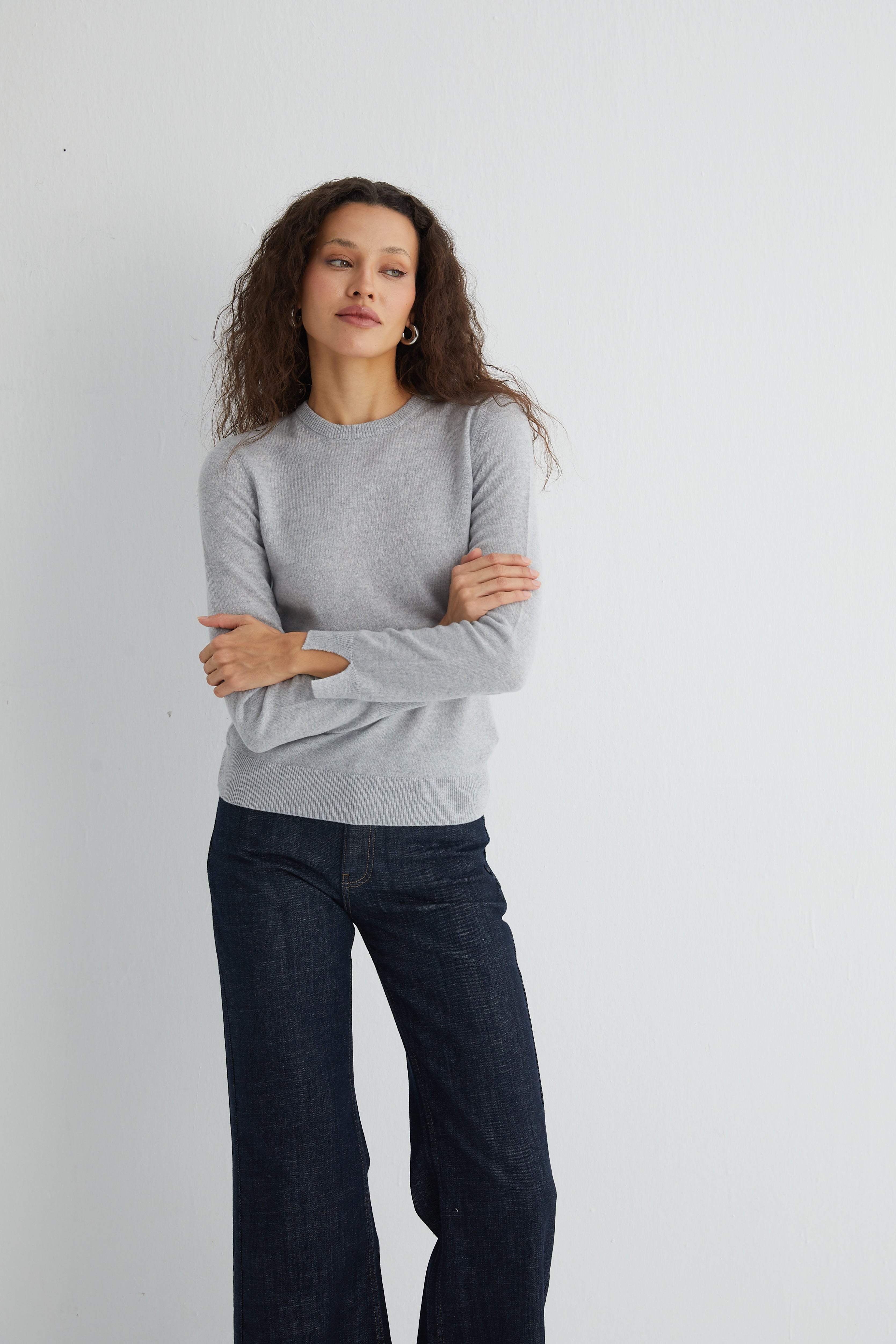 Açık Gri Franca Saf Kaşmir Bisiklet Yaka Kazak