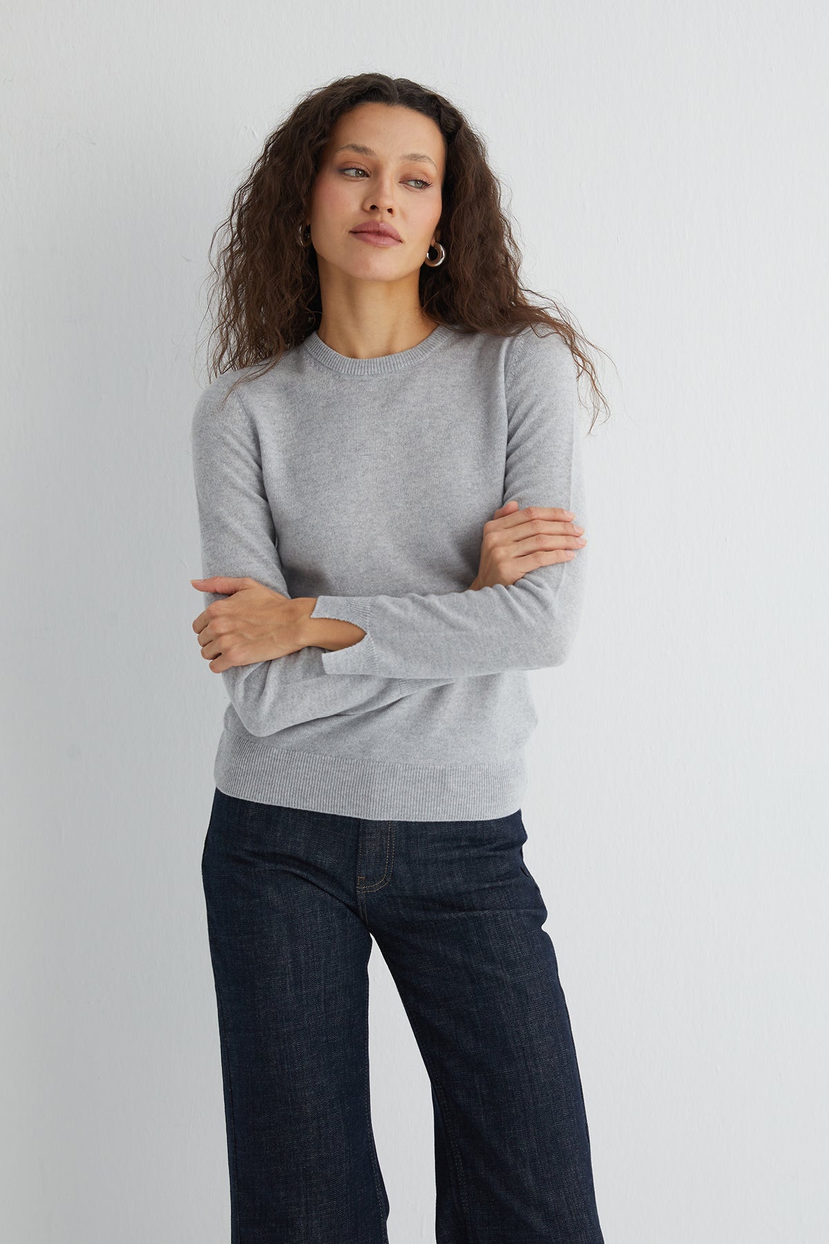 Açık Gri Franca Saf Kaşmir Bisiklet Yaka Kazak