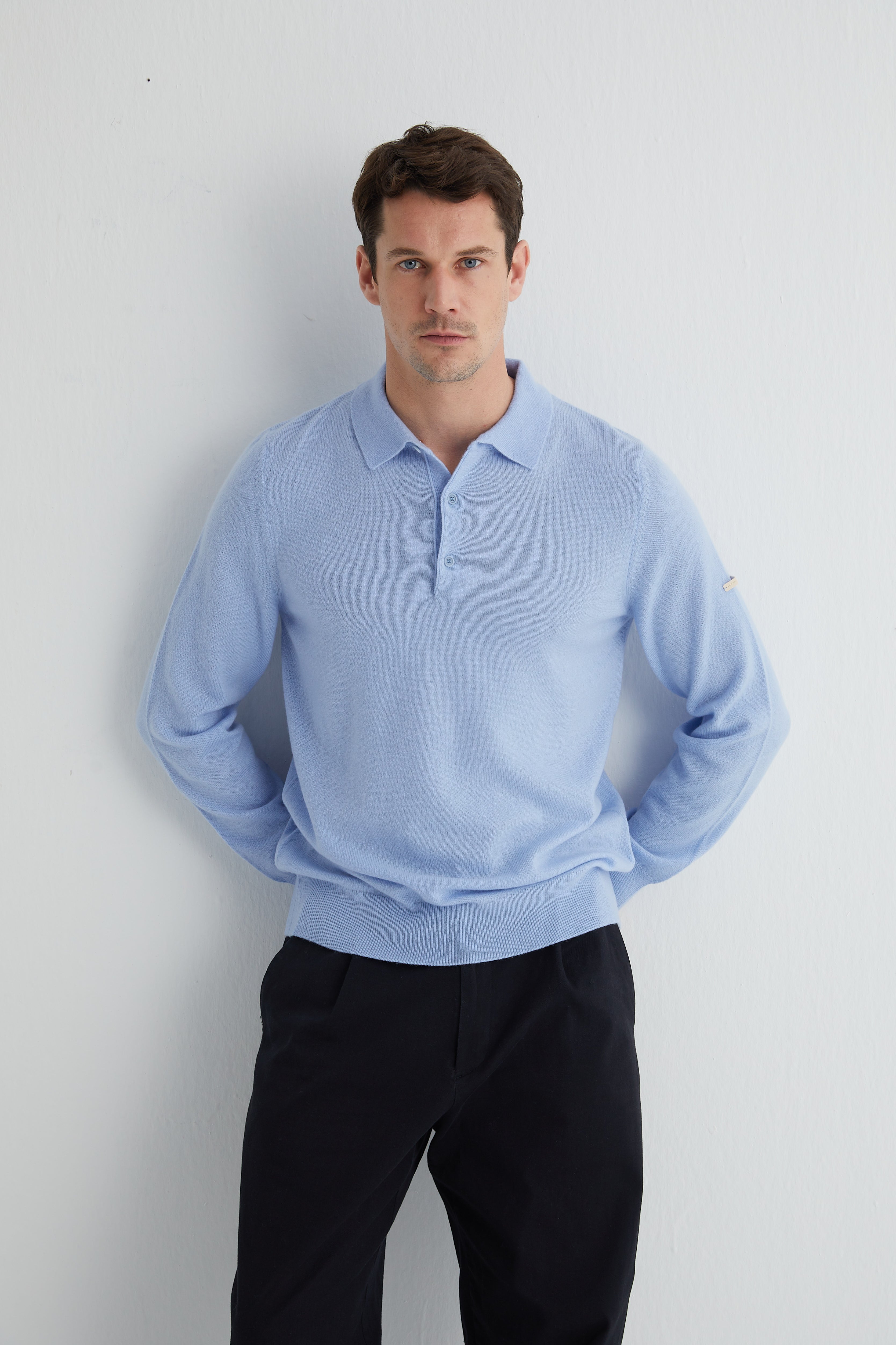 Açık Mavi Saf Kaşmir Polo Kazak