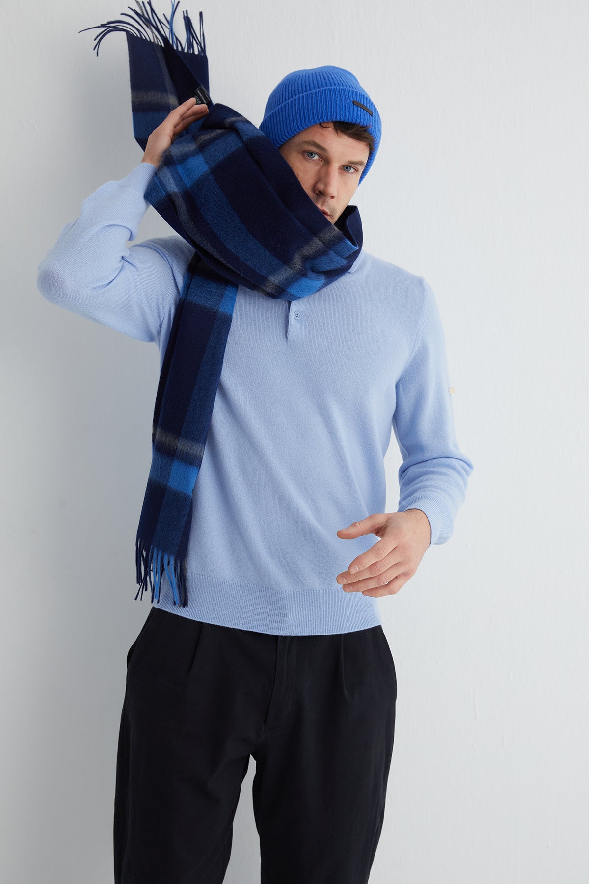 Lacivert Patrick Saf Kaşmir Kareli Atkı 30x164 cm