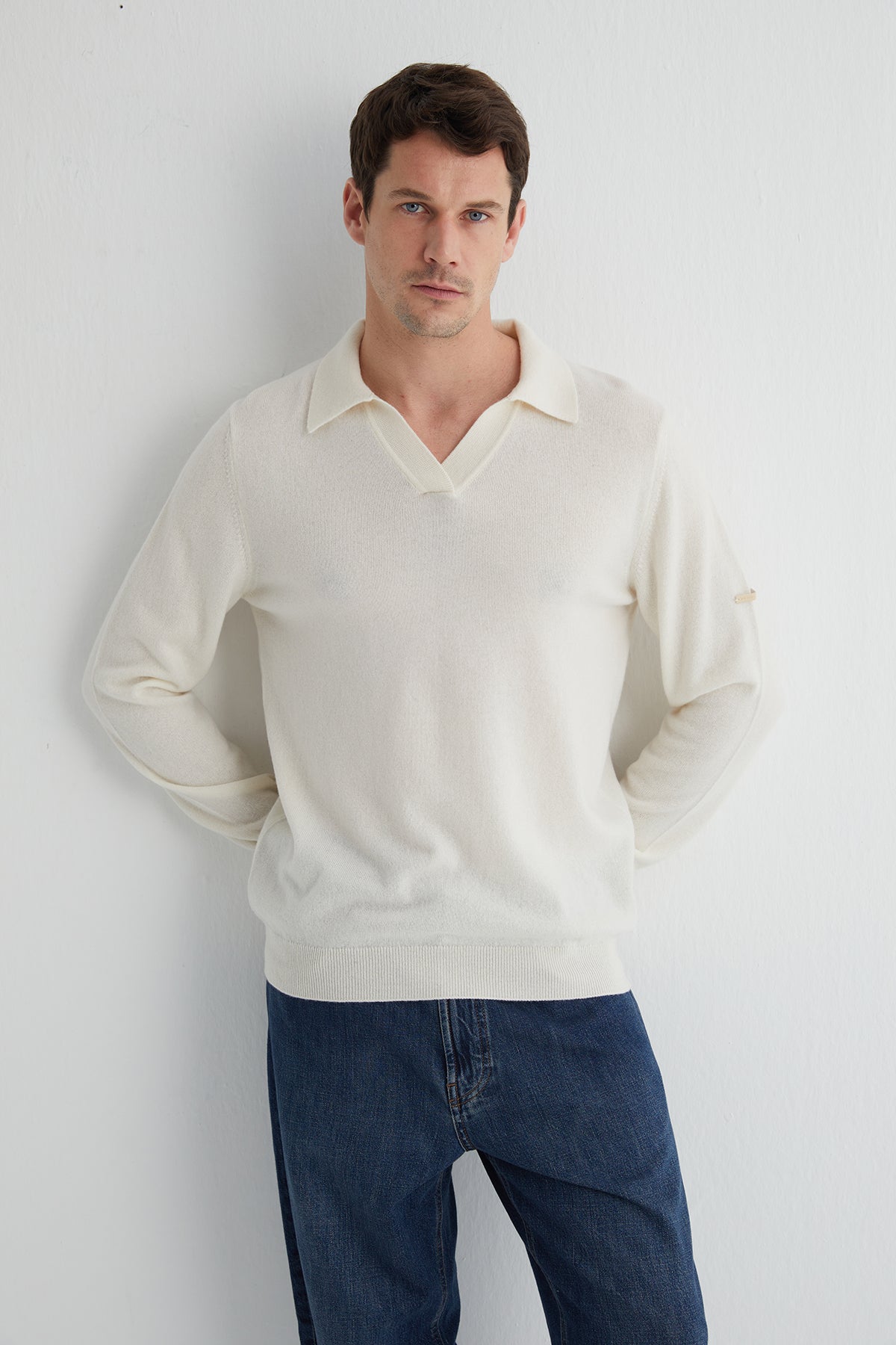 Ekru Saf Kaşmir Düğmesiz Polo Kazak