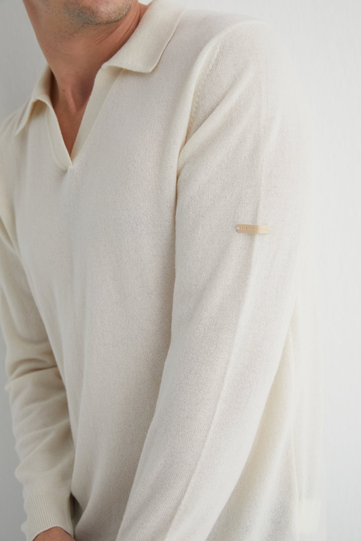 Ekru Saf Kaşmir Düğmesiz Polo Kazak