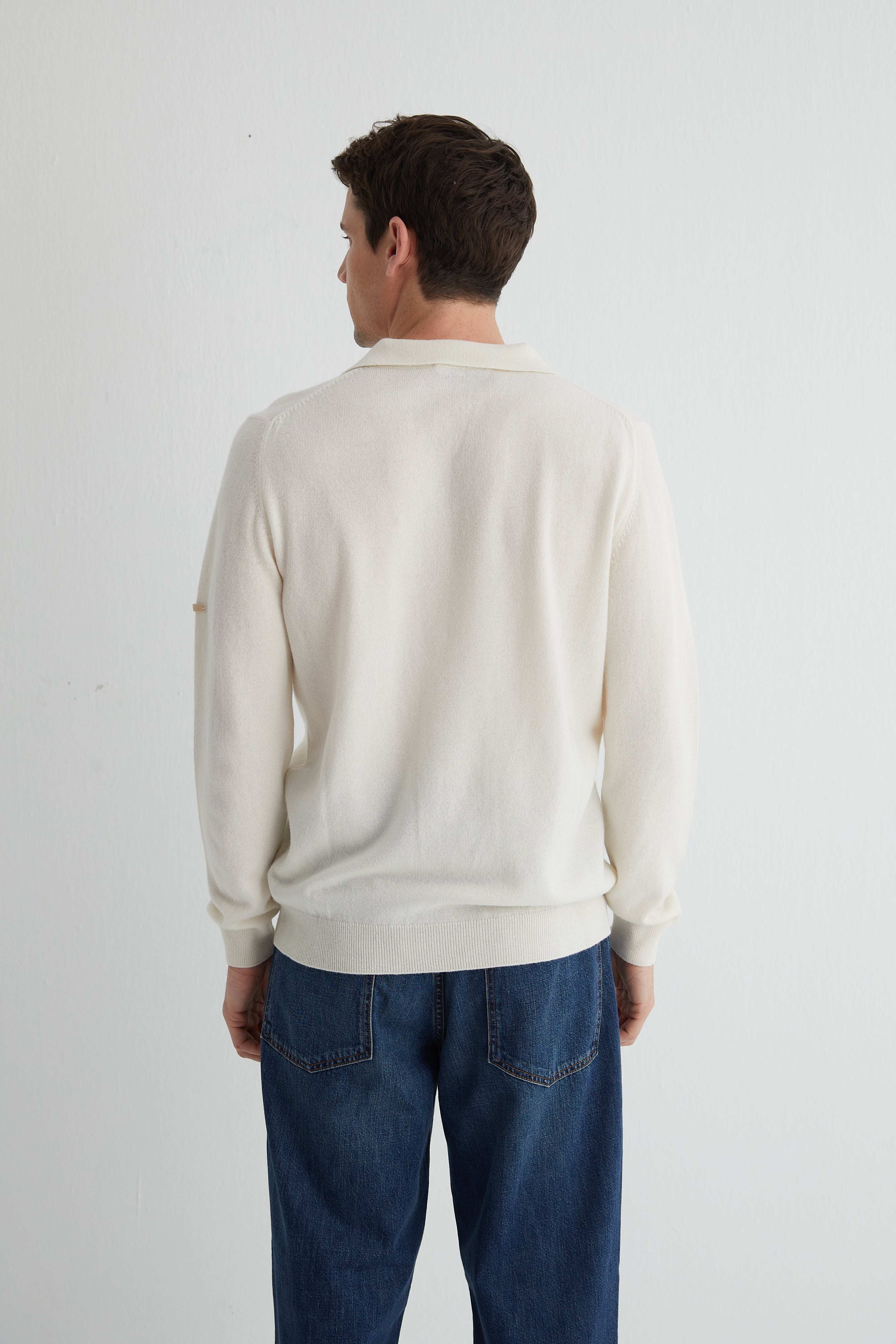 Ekru Saf Kaşmir Düğmesiz Polo Kazak