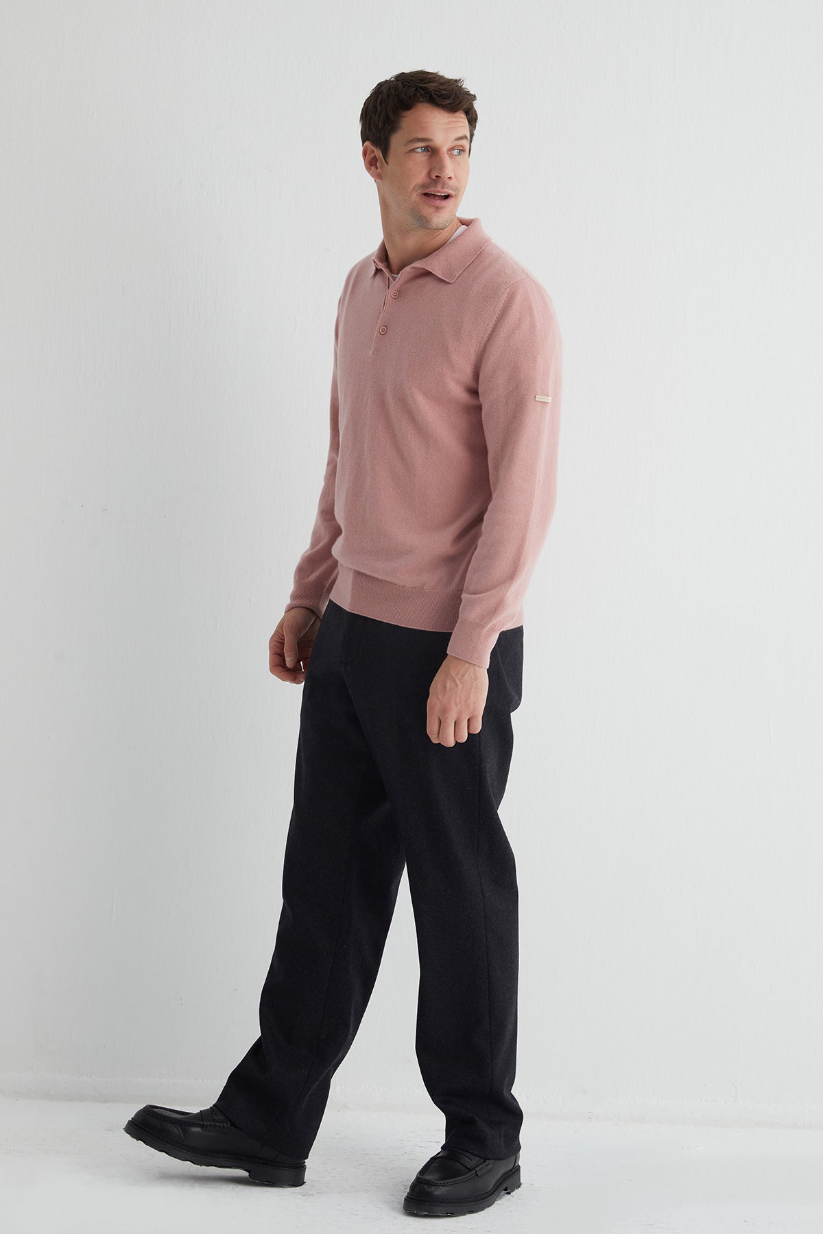 Pastel Pembe Saf Kaşmir Polo Kazak