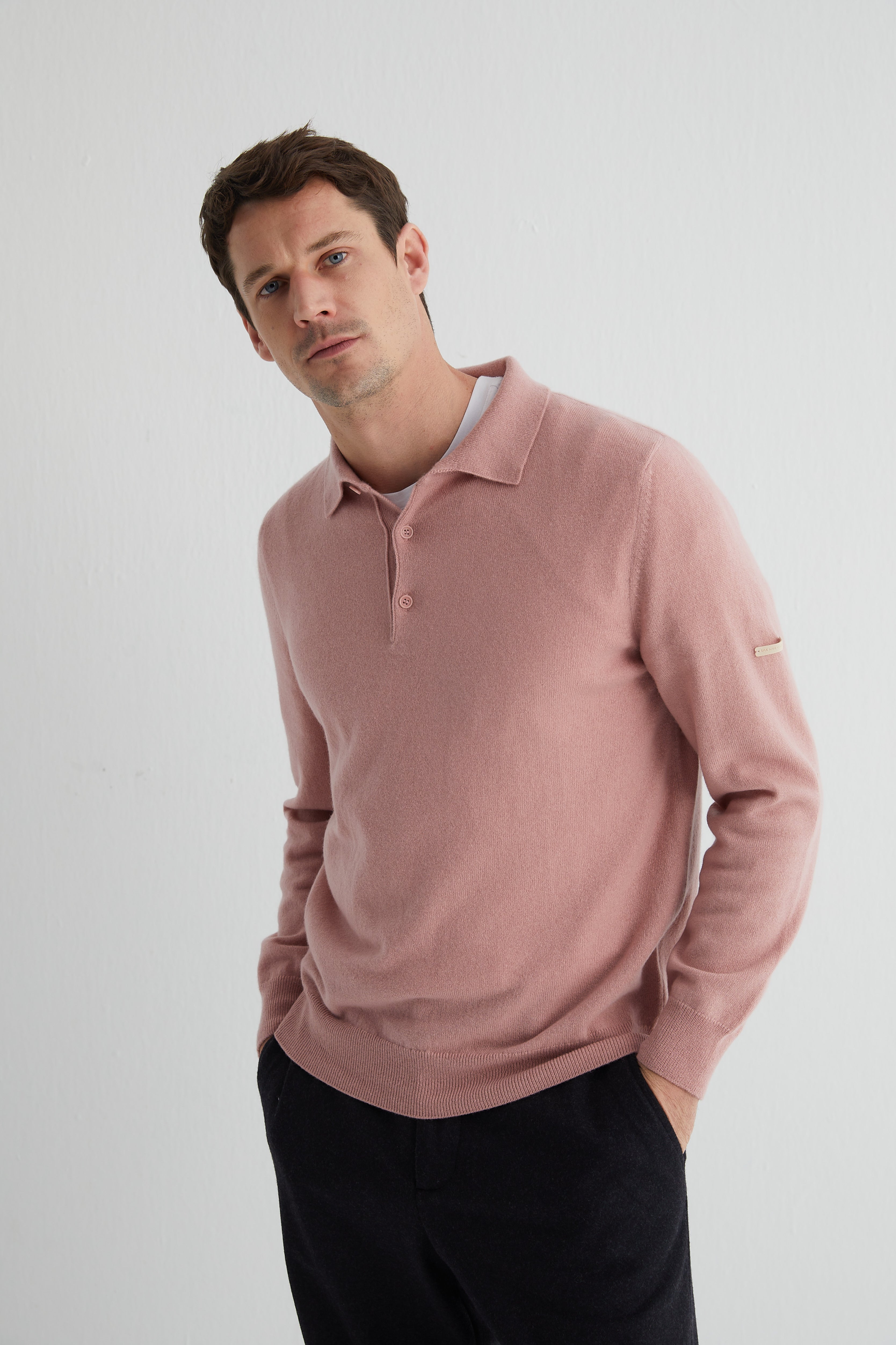 Pastel Pembe Saf Kaşmir Polo Kazak