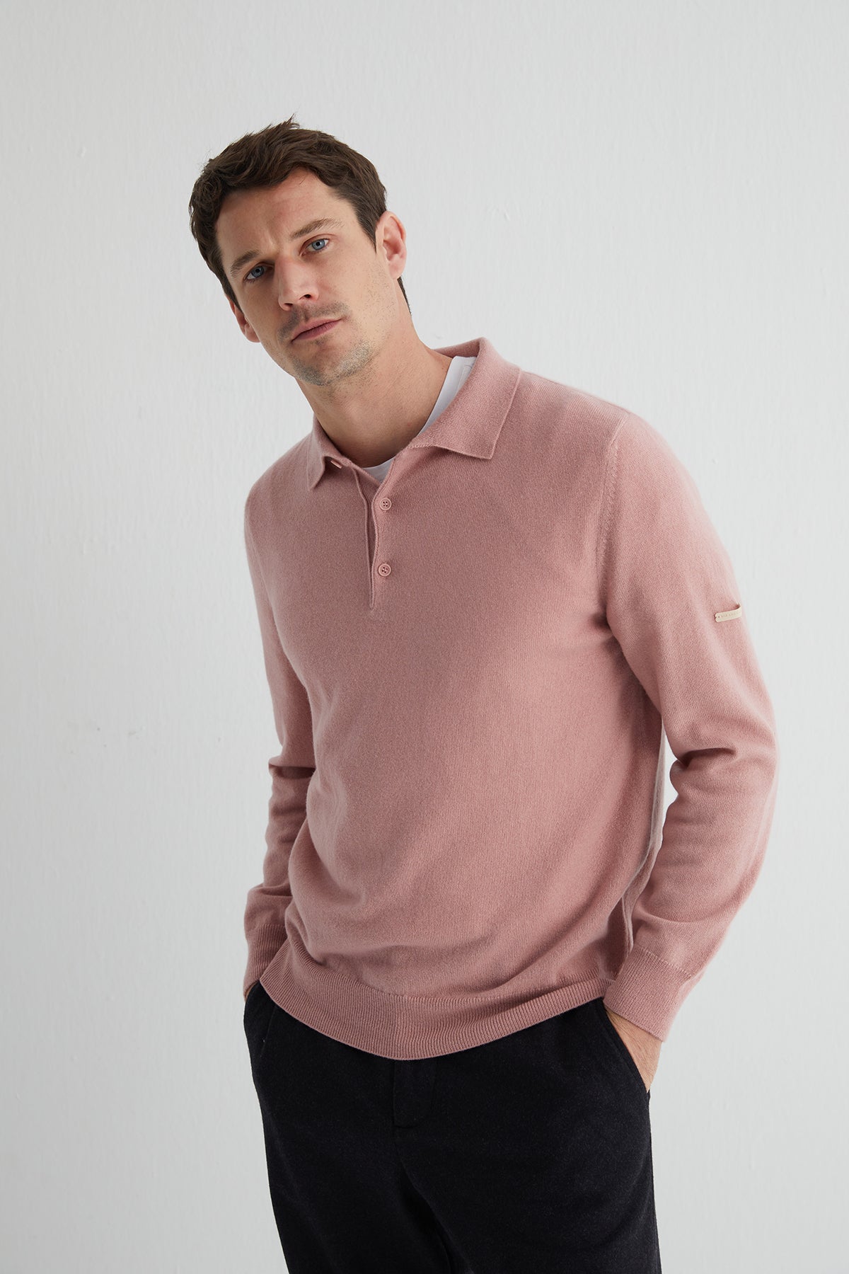 Pastel Pembe Saf Kaşmir Polo Kazak