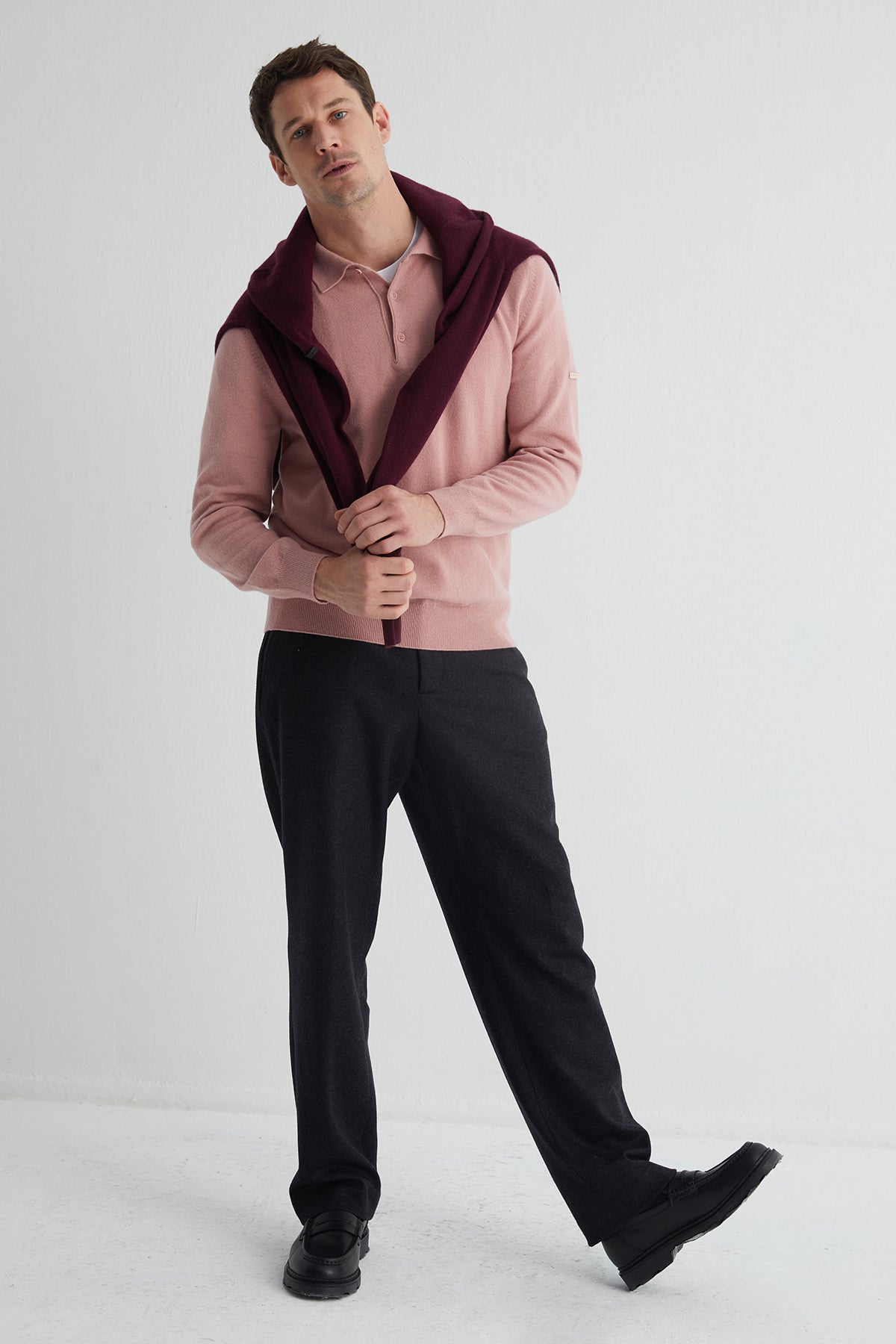 Pastel Pembe Saf Kaşmir Polo Kazak