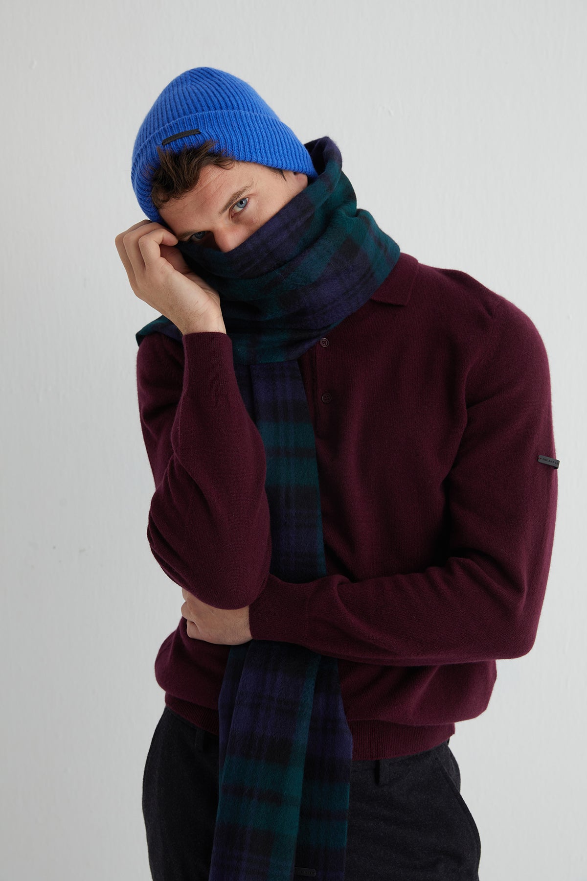 Lacivert Rose Saf Kaşmir Kareli Şal 70x200 cm