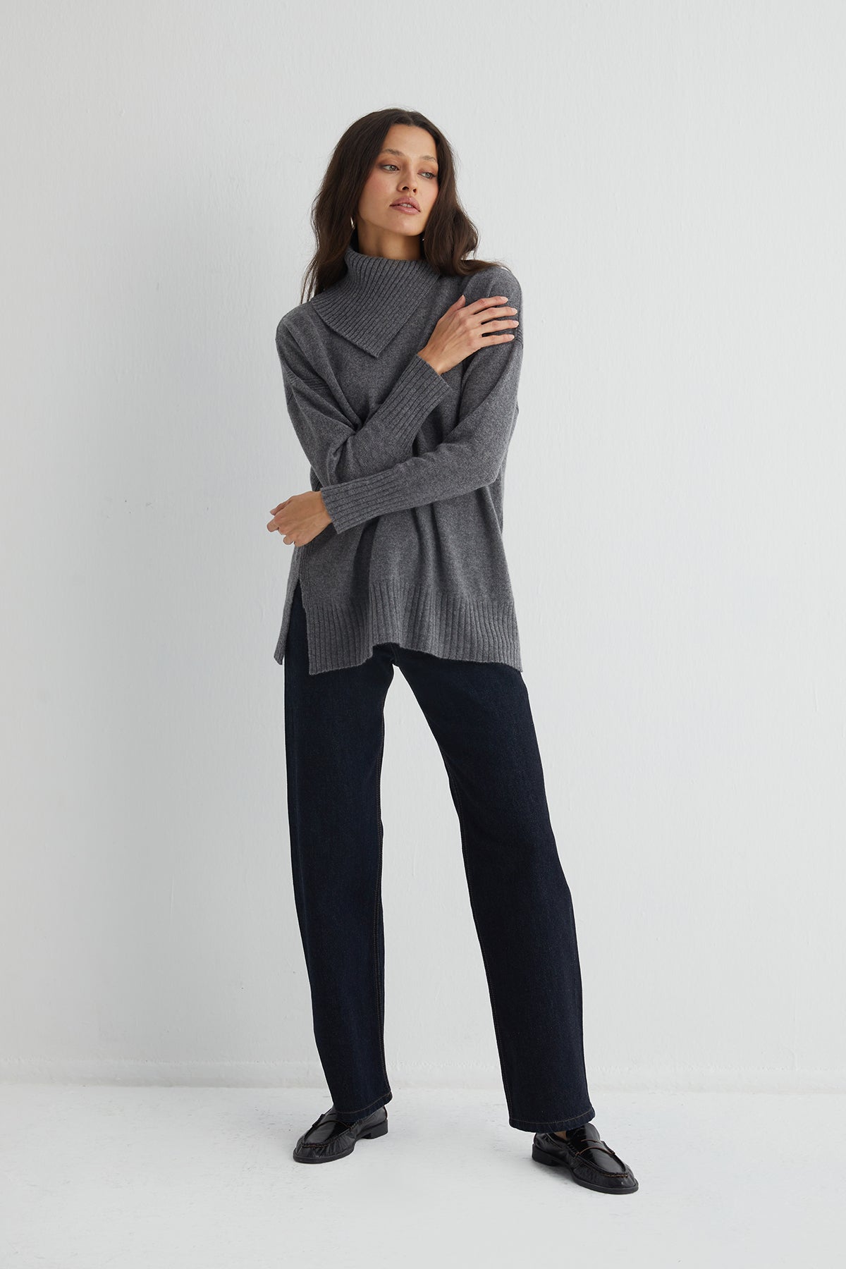 Gri Isabella Saf Kaşmir Balıkçı Yaka Kazak