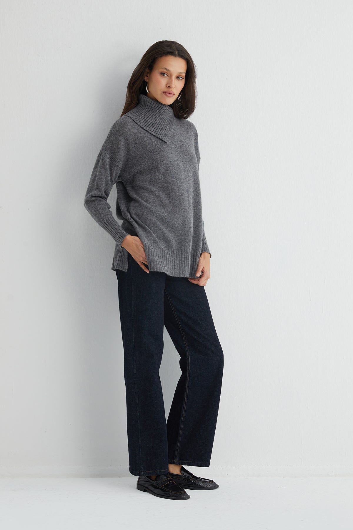 Gri Isabella Saf Kaşmir Balıkçı Yaka Kazak