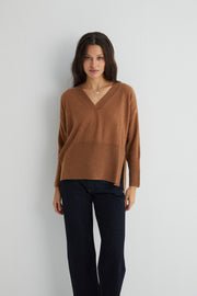 Koyu Camel Isabella Saf Kaşmir Derin V Yaka Kazak
