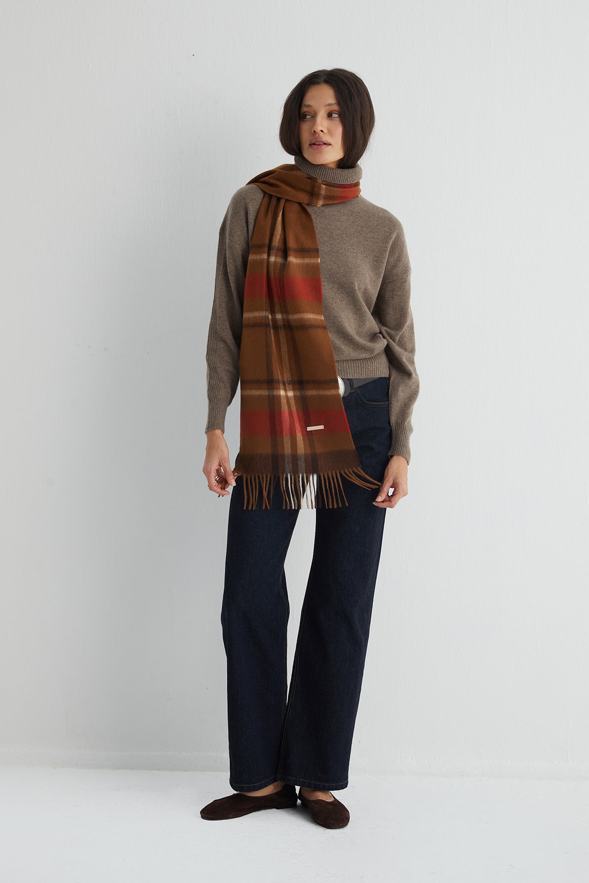 Camel Patrick Saf Kaşmir Kareli Atkı 30x164 cm