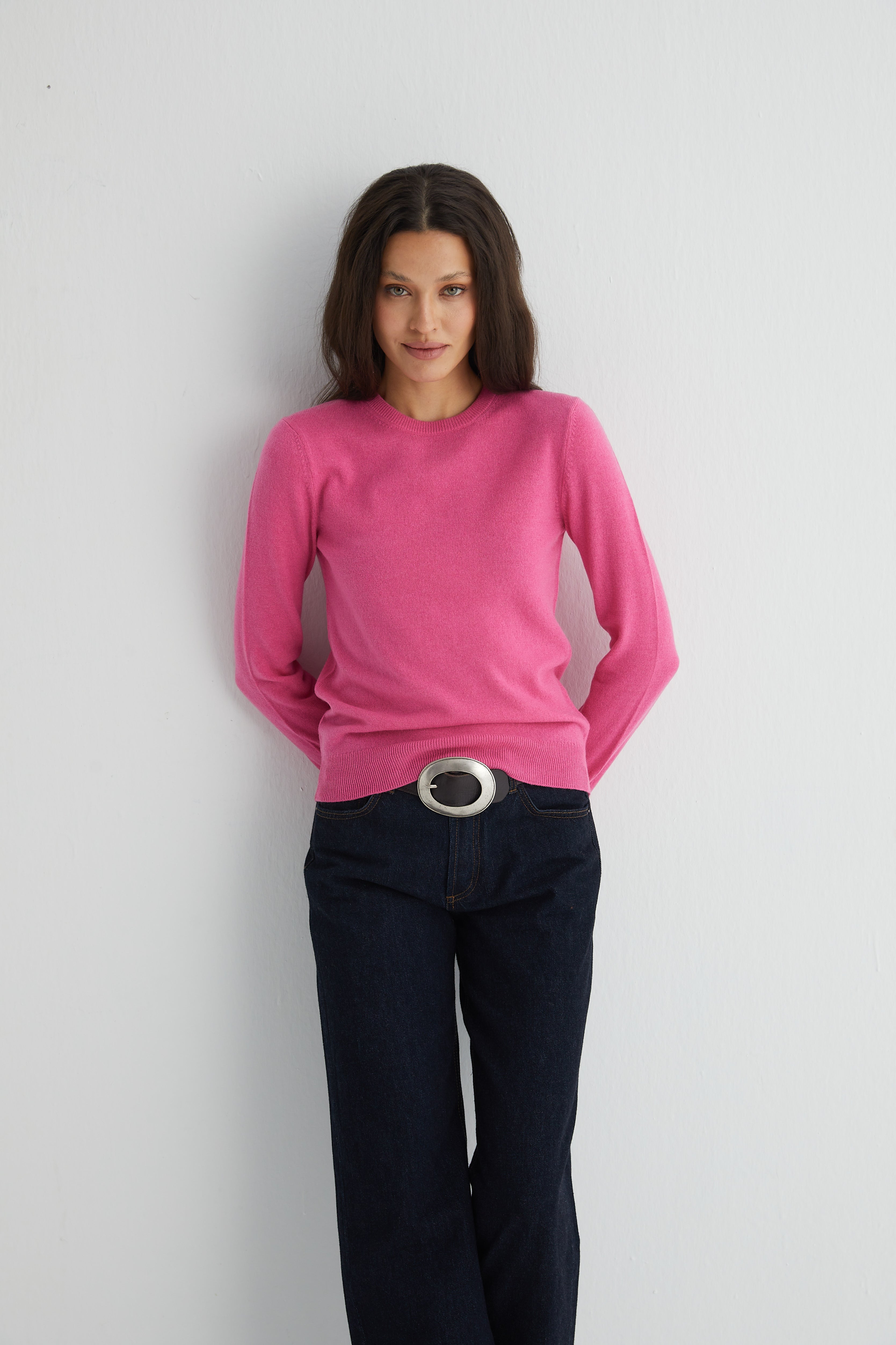 Koyu Fuşya Franca Saf Kaşmir Bisiklet Yaka Kazak