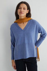 Açık Denim Isabella Saf Kaşmir Derin V Yaka Kazak