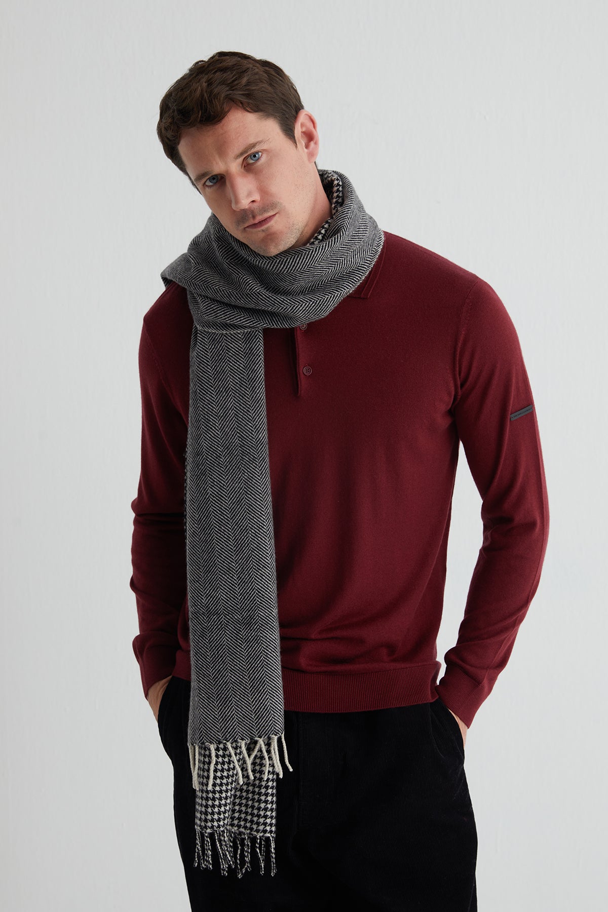 Siyah Saf Kaşmir Kaz Ayağı Kareli Şal 60x180 cm