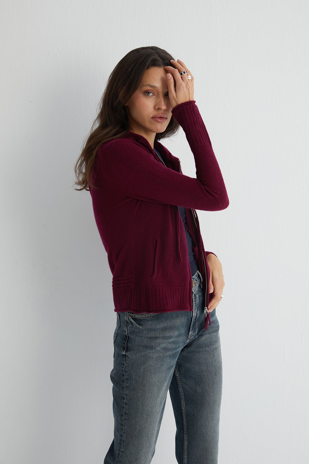 Bordo Isabella Saf Kaşmir Kapüşonlu Hırka