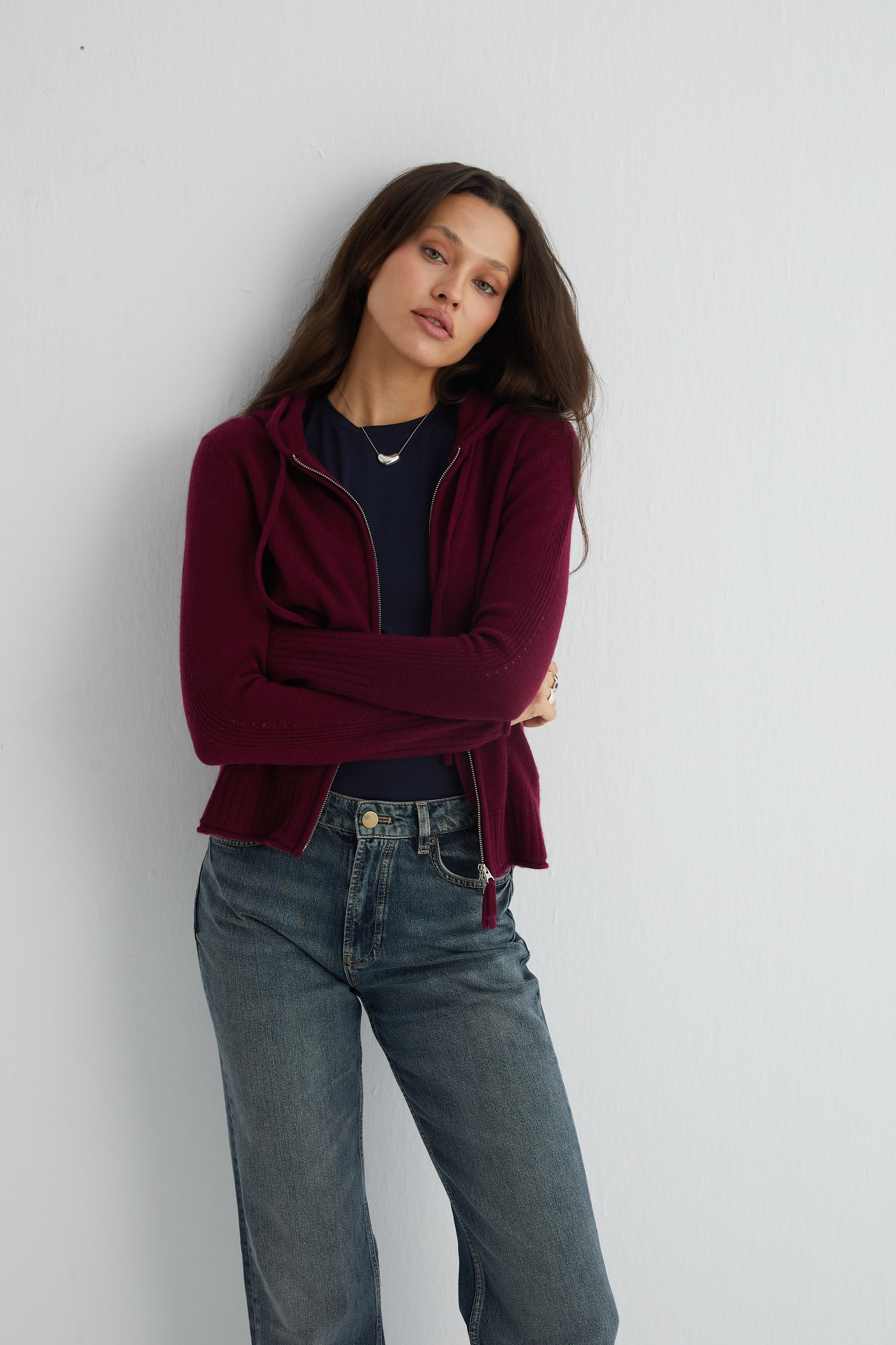 Bordo Isabella Saf Kaşmir Kapüşonlu Hırka