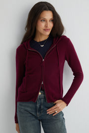 Bordo Isabella Saf Kaşmir Kapüşonlu Hırka