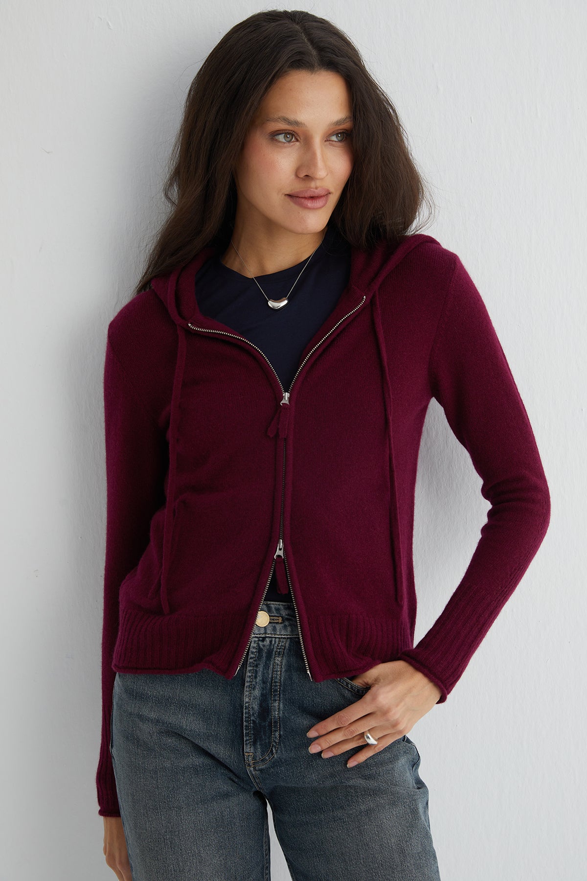 Bordo Isabella Saf Kaşmir Kapüşonlu Hırka