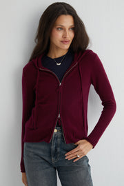 Bordo Isabella Saf Kaşmir Kapüşonlu Hırka