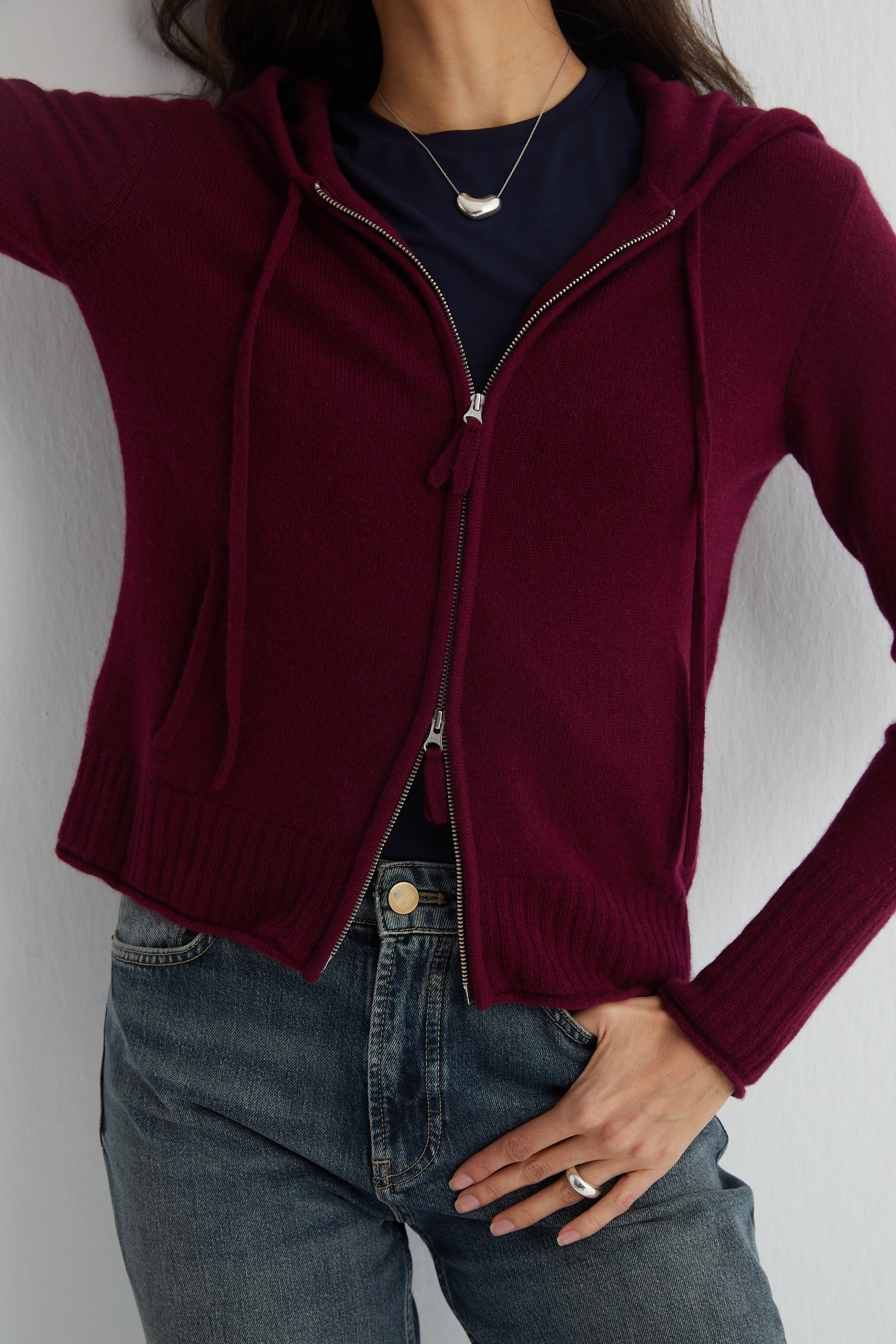 Bordo Isabella Saf Kaşmir Kapüşonlu Hırka