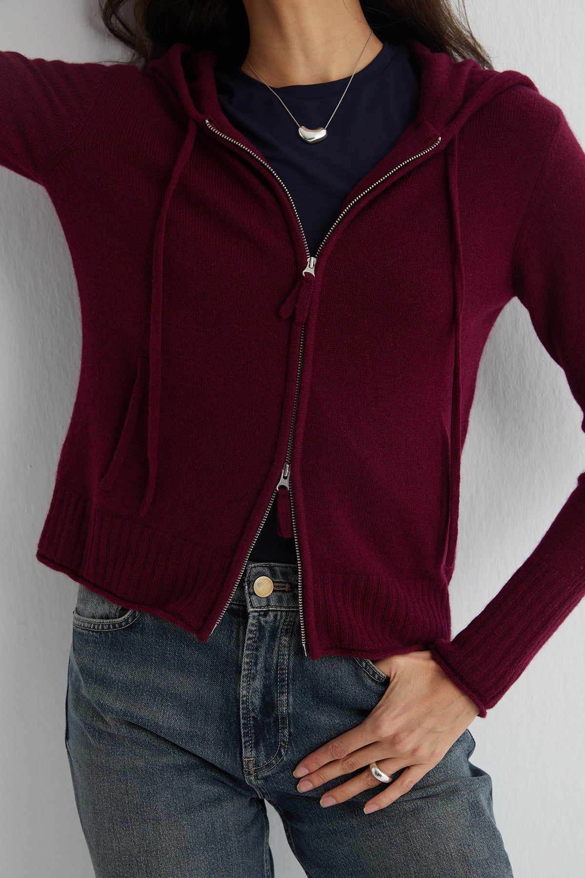 Bordo Isabella Saf Kaşmir Kapüşonlu Hırka