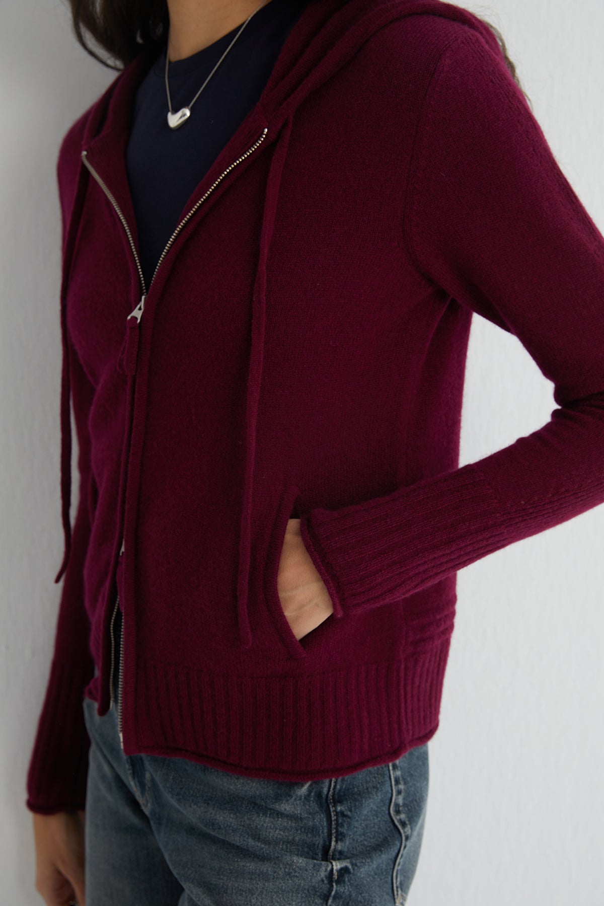 Bordo Isabella Saf Kaşmir Kapüşonlu Hırka