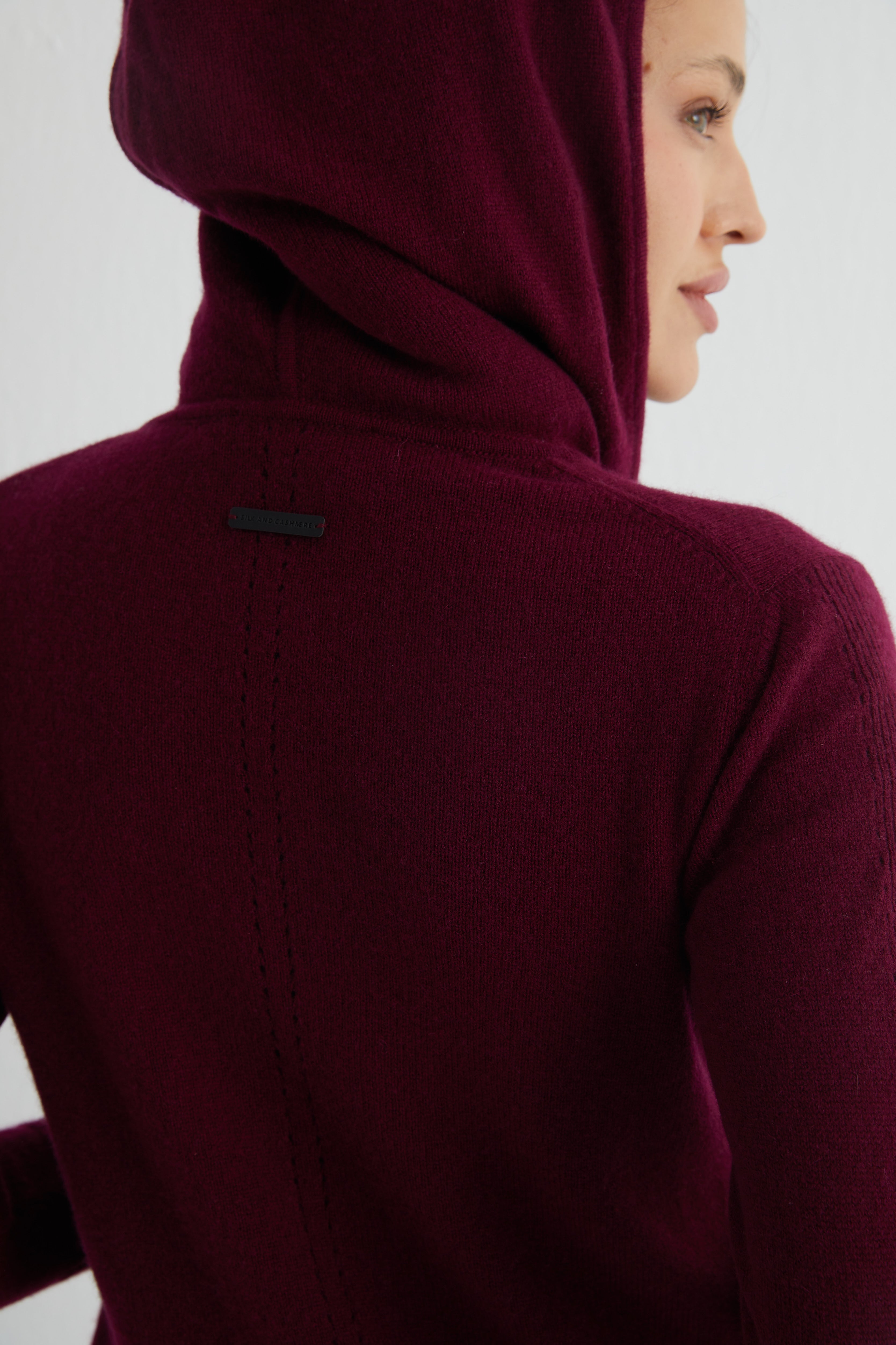 Bordo Isabella Saf Kaşmir Kapüşonlu Hırka