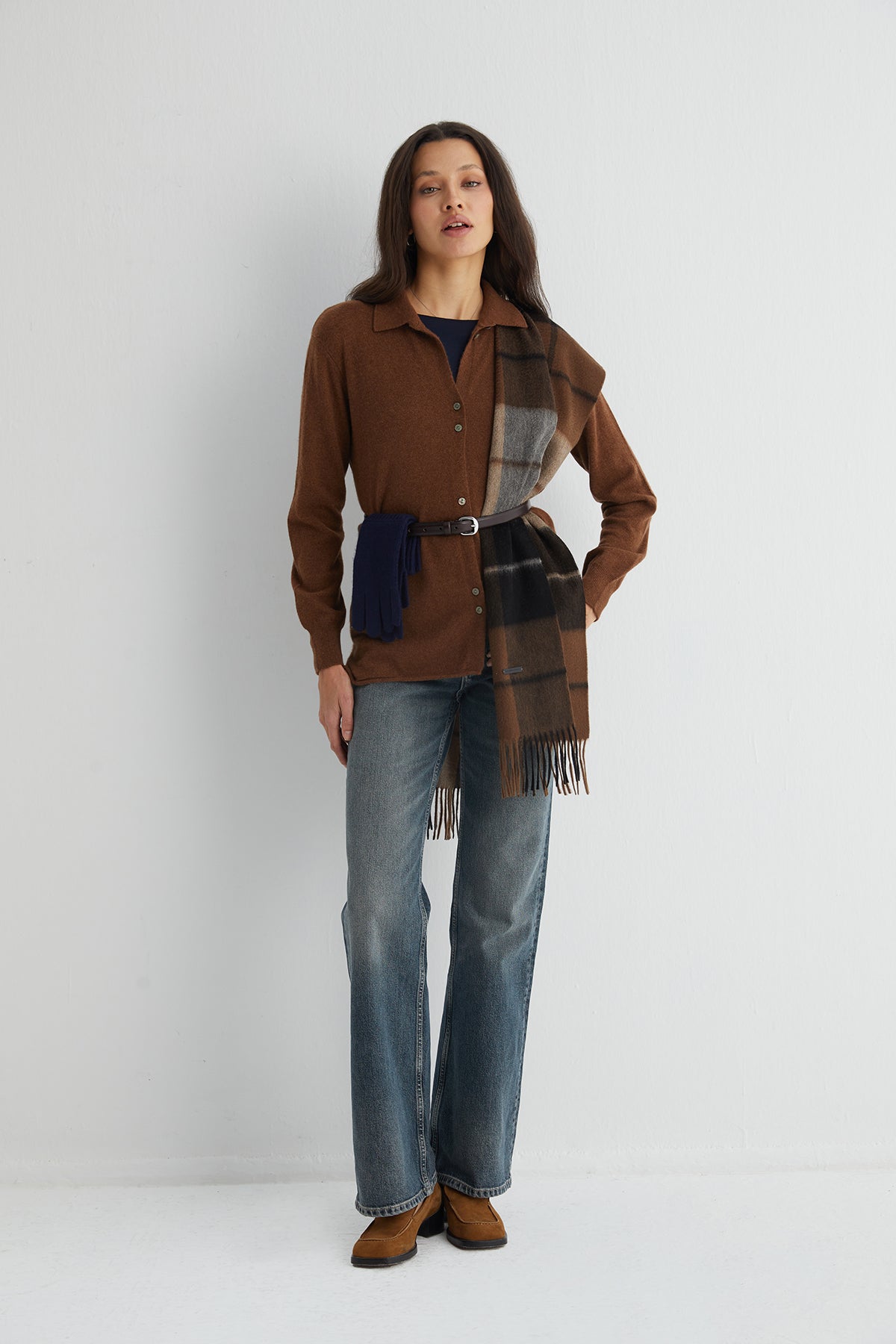 Kahverengi Patrick Saf Kaşmir Kareli Atkı 30x164 cm