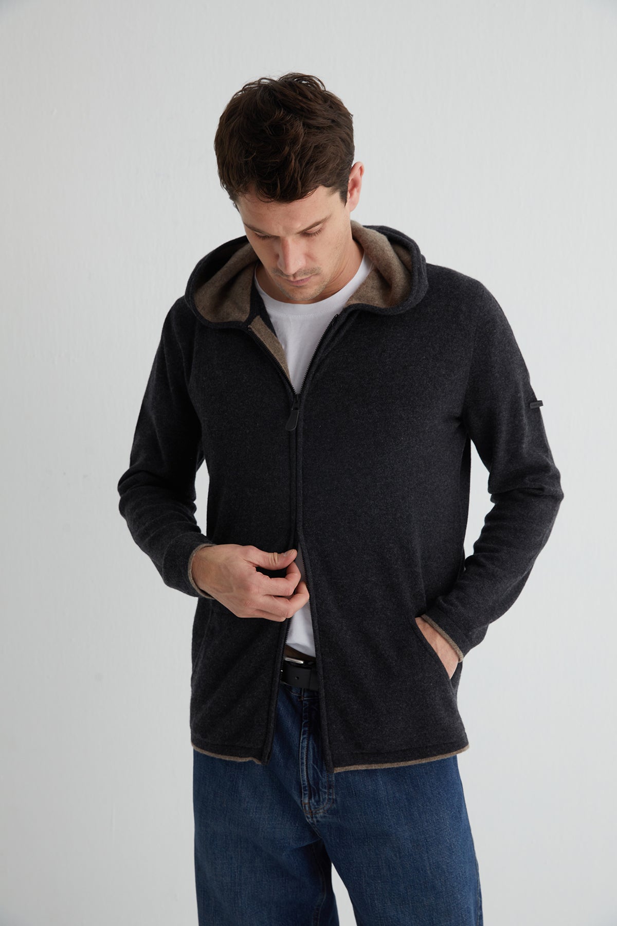 Antrasit Scott Saf Kaşmir Kapüşonlu Hırka