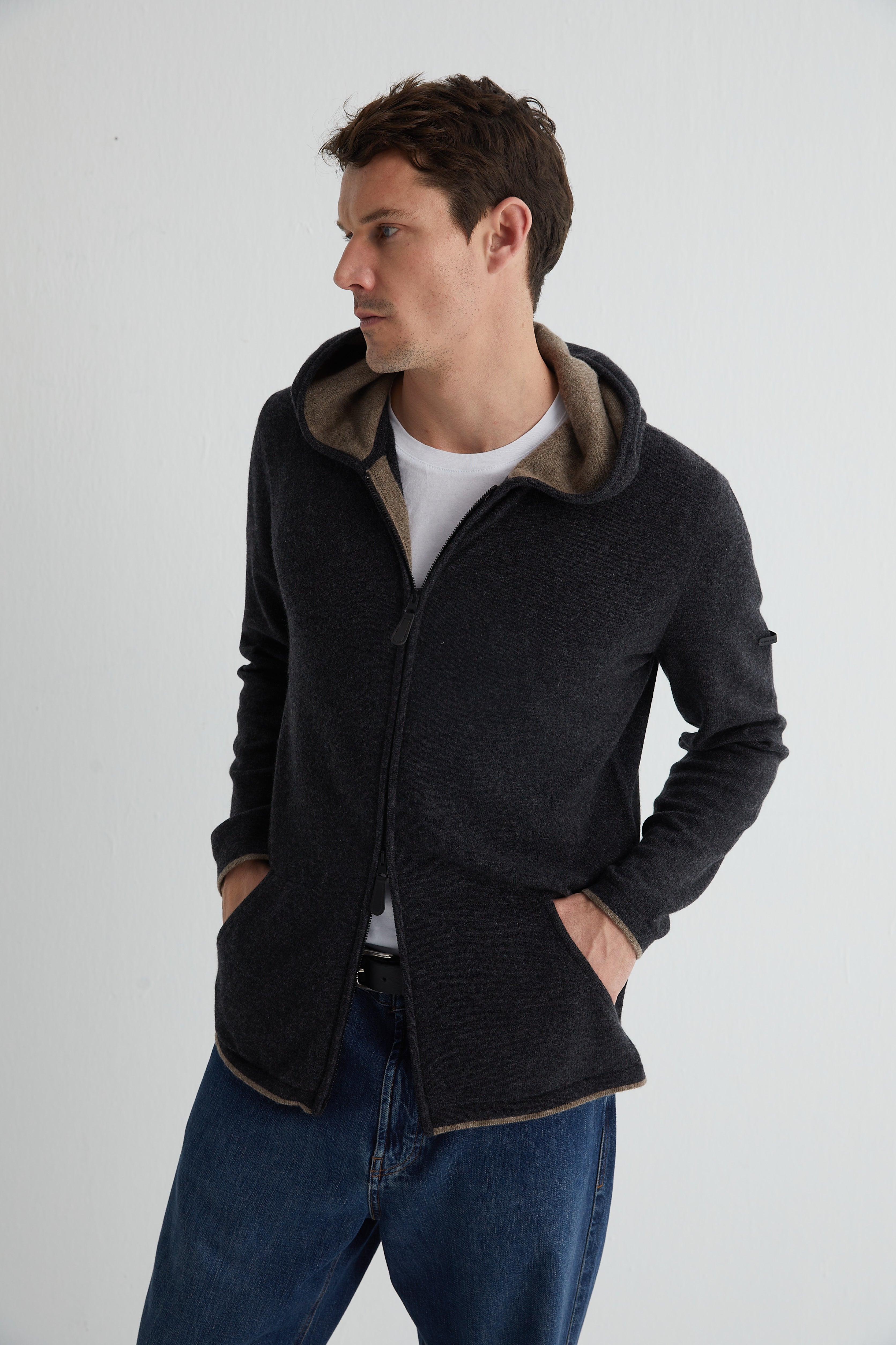 Antrasit Scott Saf Kaşmir Kapüşonlu Hırka